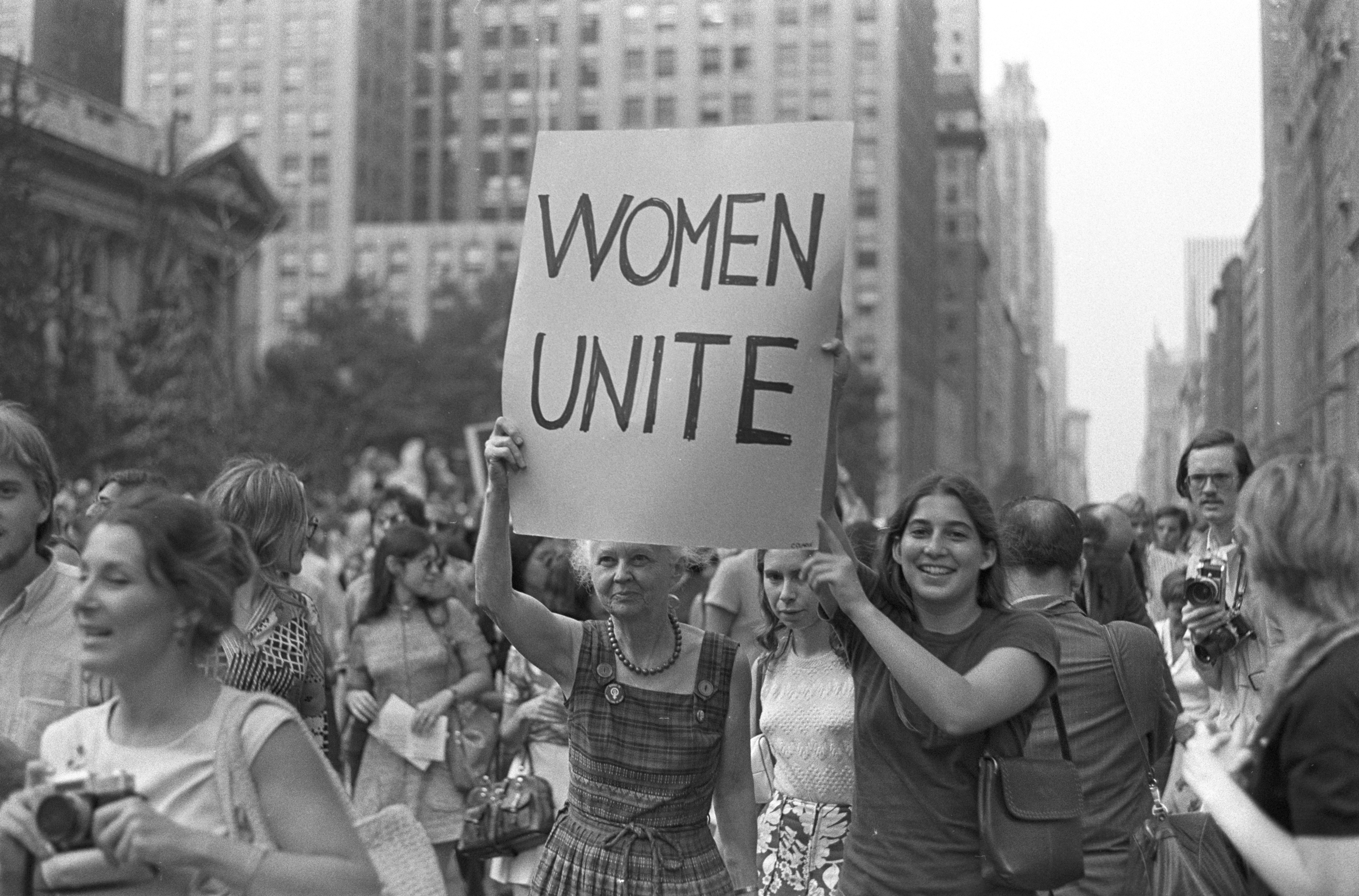Women during a protest organized by the National Organization for Women, circa 1970. | Source: Getty Images