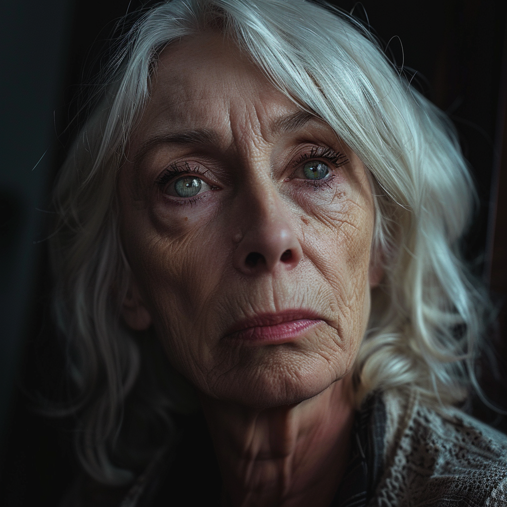 A sad-looking senior woman | Source: Midjourney