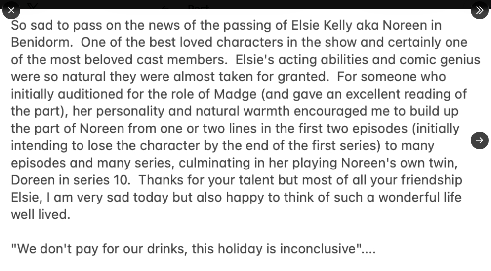 Derren Litten paid tribute to Elsie Kelly in a heartfelt social media post shared on 22 April 2026, reflecting on her enduring impact and the legacy of her beloved "Benidorm" character. | Source: X/DerrenLitten