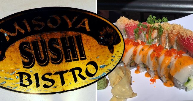 A signage of Misoya Bistro next to a platter of sushi | Photo: Instagram/southern_oregon_experience & Instagram/jessrosspictures2019