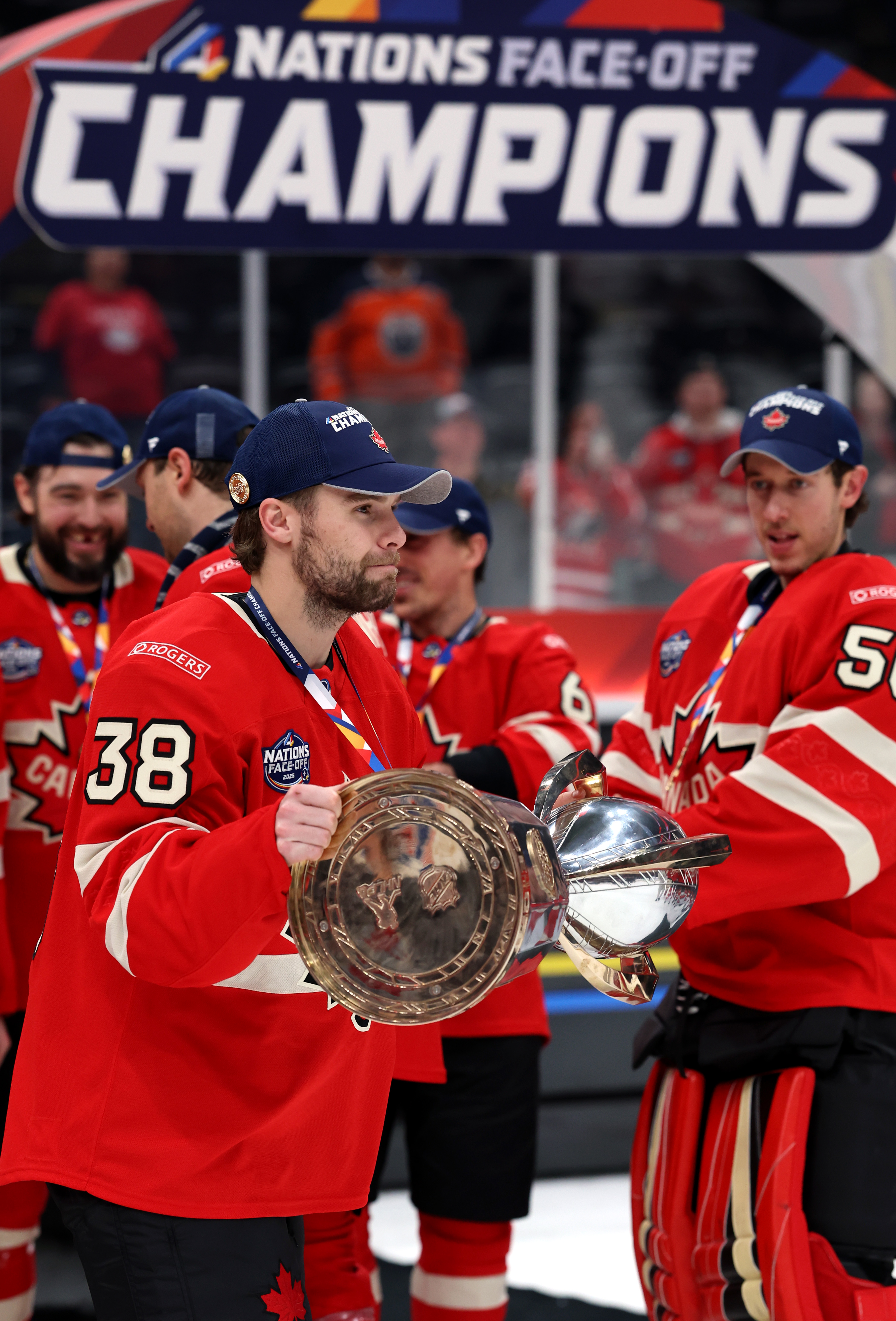 Team Canada carries the 4 Nations Face-Off Trophy after their 3-2 overtime win on February 20, 2025 | Source: Getty Images