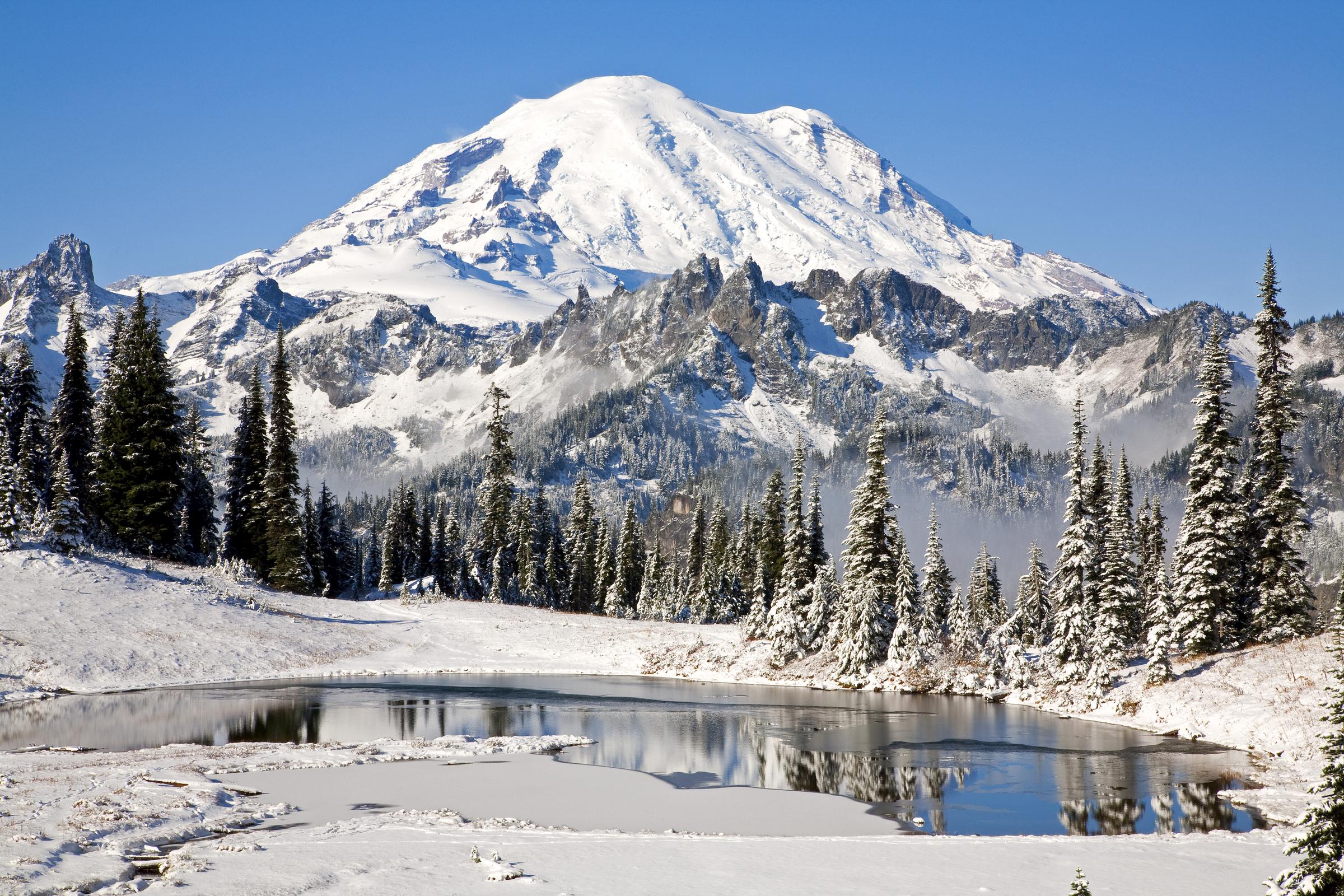 Mount Rainier and Tipsoo Lake covered in snow in winter, Mount Rainier National Park in Washington, on June 13, 2019 | Source: Getty Images