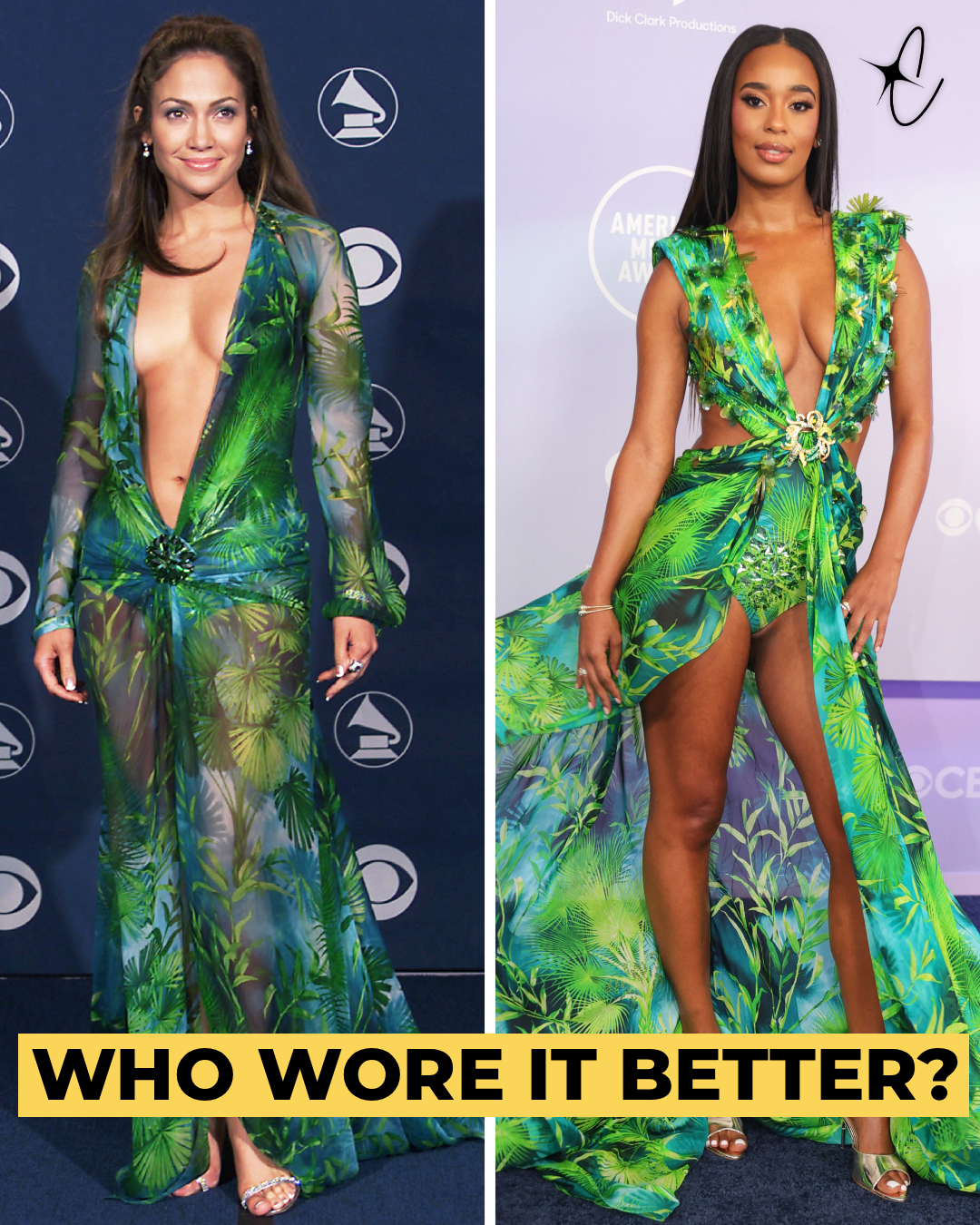 Jennifer Lopez at the 42nd Grammy Awards in Los Angeles on February 23, 2000 | Mia Calabrese at the 52nd American Music Awards at MGM Grand Las Vegas on May 25, 2026 | Source: Getty Images