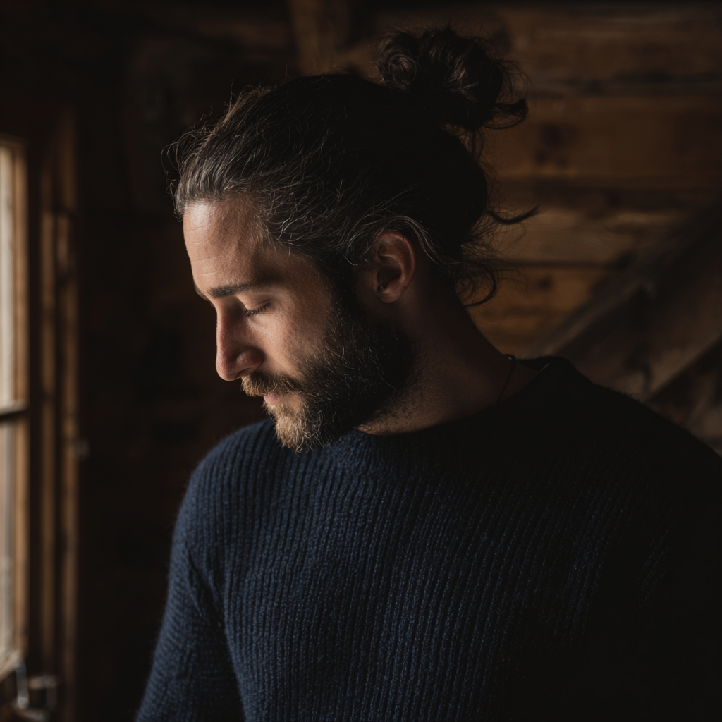 A man wearing a navy sweater and standing in a cabin | Source: Midjourney