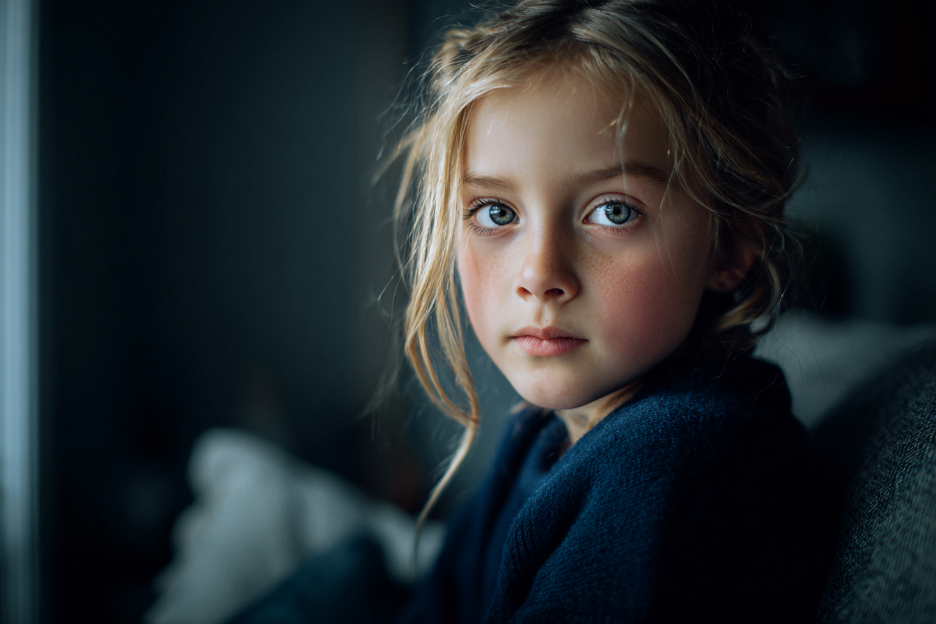 A little girl sitting on a couch | Source: Midjourney