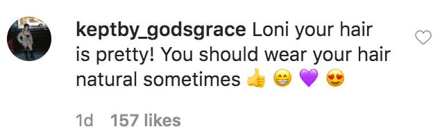 A fan commented on Loni Love’s picture of her showing off her natural hair amid coronavirus quarantine | Source: Instagram.com/comiclonilove