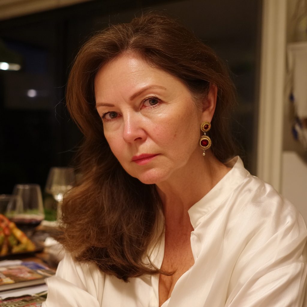 An unimpressed woman sitting at a dining table | Source: Midjourney