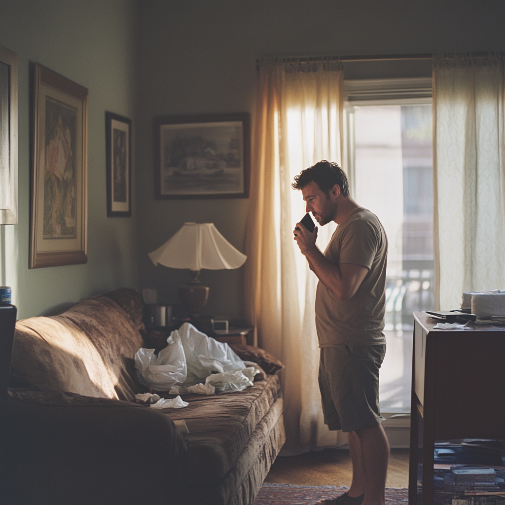 A man talking on his phone in his living room | Source: Midjourney