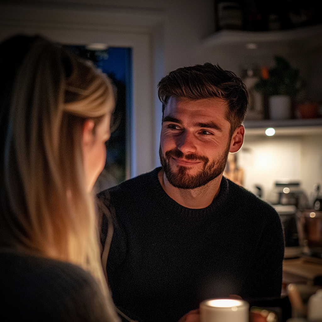 A man with a small smile talking to his wife | Source: Midjourney