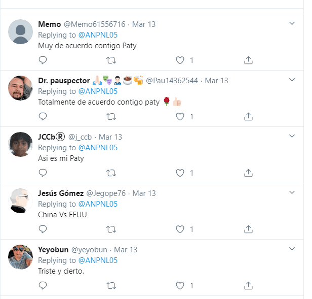 Captura de pantalla de las respuestas de los fans de Patty Navidad. | Foto: Twitter / @ANPNL05