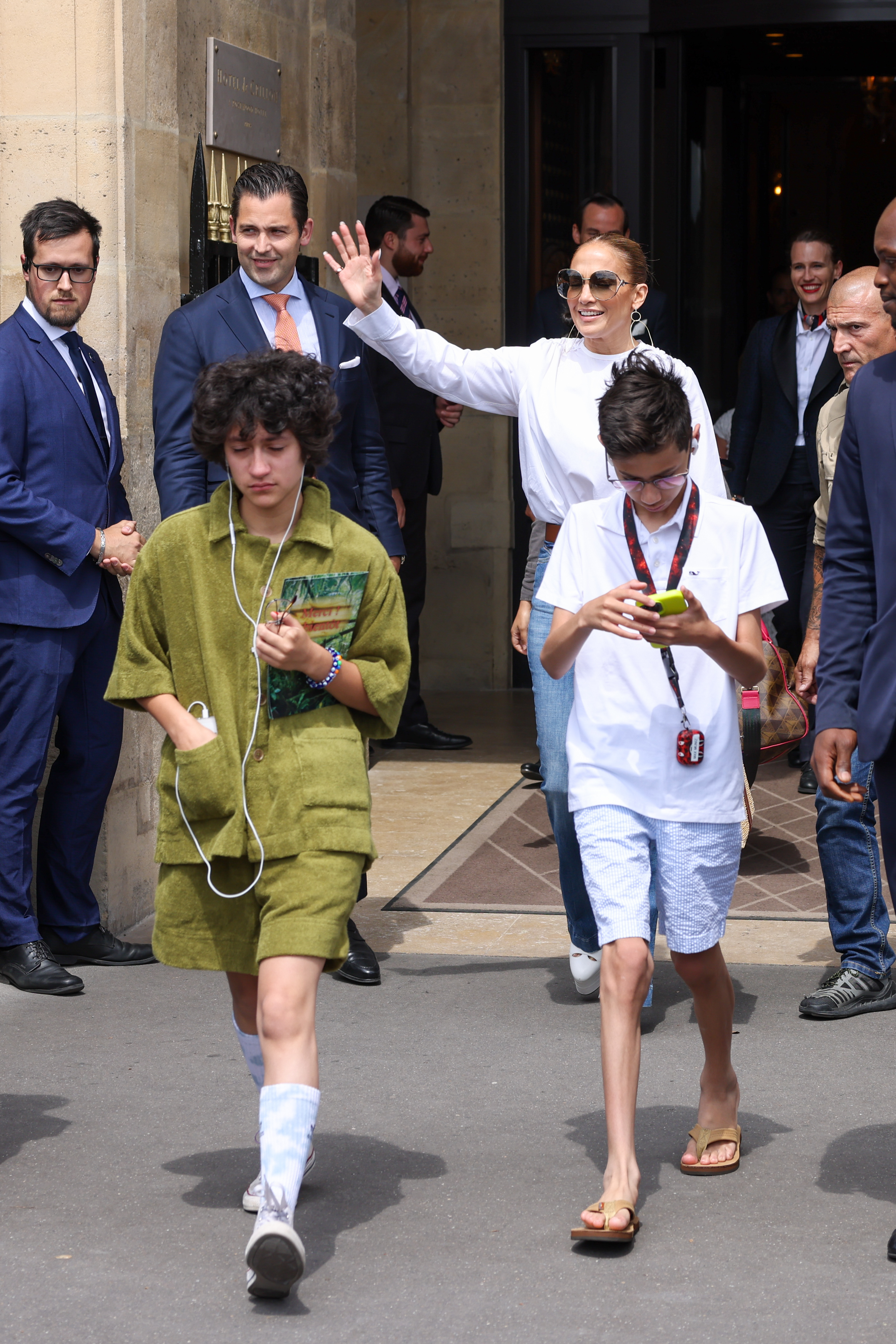Jennifer Lopez seen leaving the Crillon hotel with her twins on July 27, 2022, in Paris, France. | Source: Getty Images
