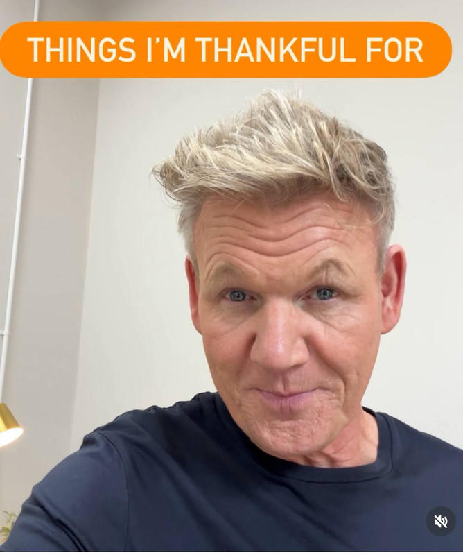 Gordon Ramsay kicked off his Thanksgiving tribute with a smiling selfie and the heading "THINGS I'M THANKFUL FOR," setting a sincere tone for the carousel. Wearing a navy shirt and standing against a plain background, the chef looked directly into the camera — a calm and collected opener before the cheeky twist to come. | Source: Instagram/gordongram