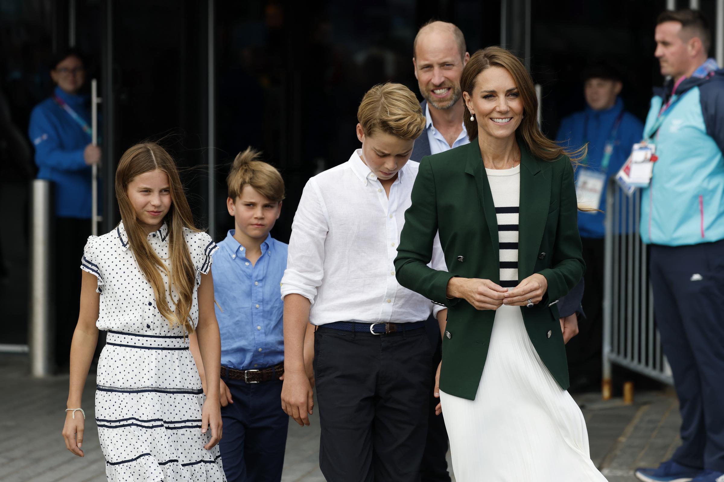 Prince William, Prince of Wales, Duke of Rothsay and Catherine, Princess of Wales, Duchess of Rothsay with Prince George, Princess Charlotte and Prince Louis arrive for the Glasgow 2026 Commonwealth Games at The Hydro on August 1 in Glasgow, Scotland. | Source: Getty Images