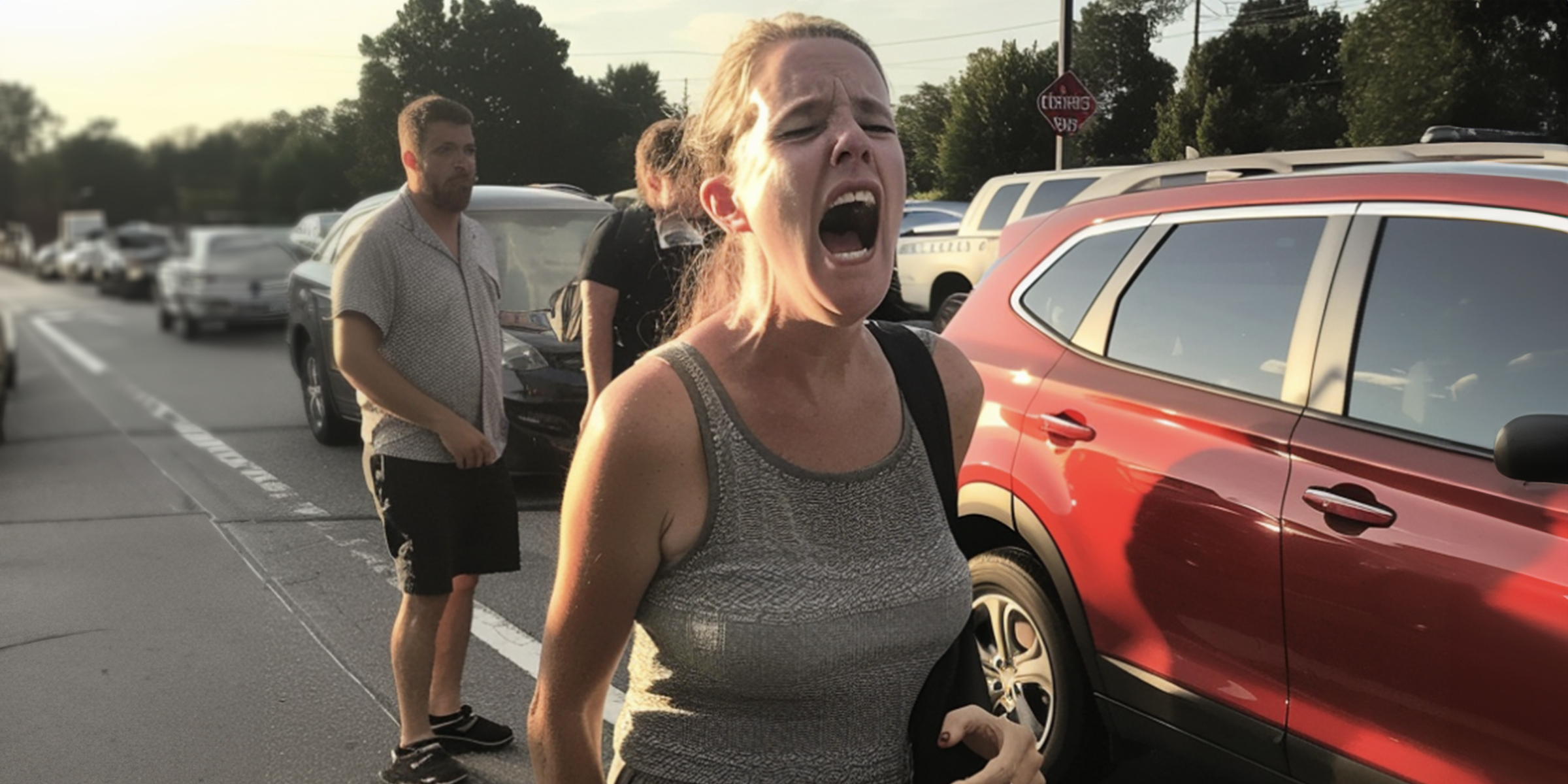 A woman screaming beside a red car | Source: Amomama