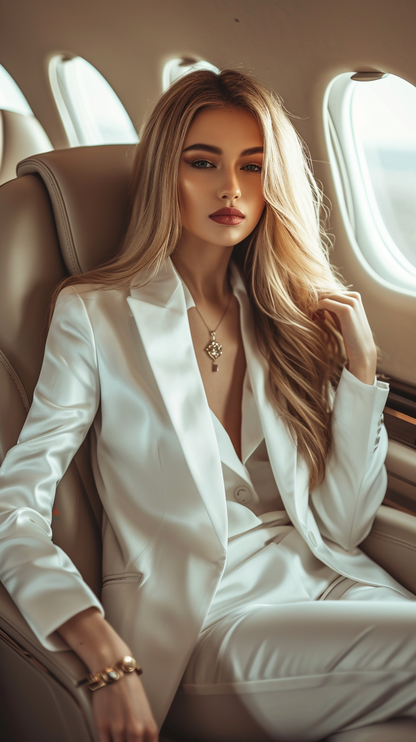 A rich woman sitting in an airplane | Source: Midjourney