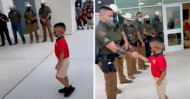 Deputies escort a little boy on his first day of kindergarten | Photo: youtube.com/kens5