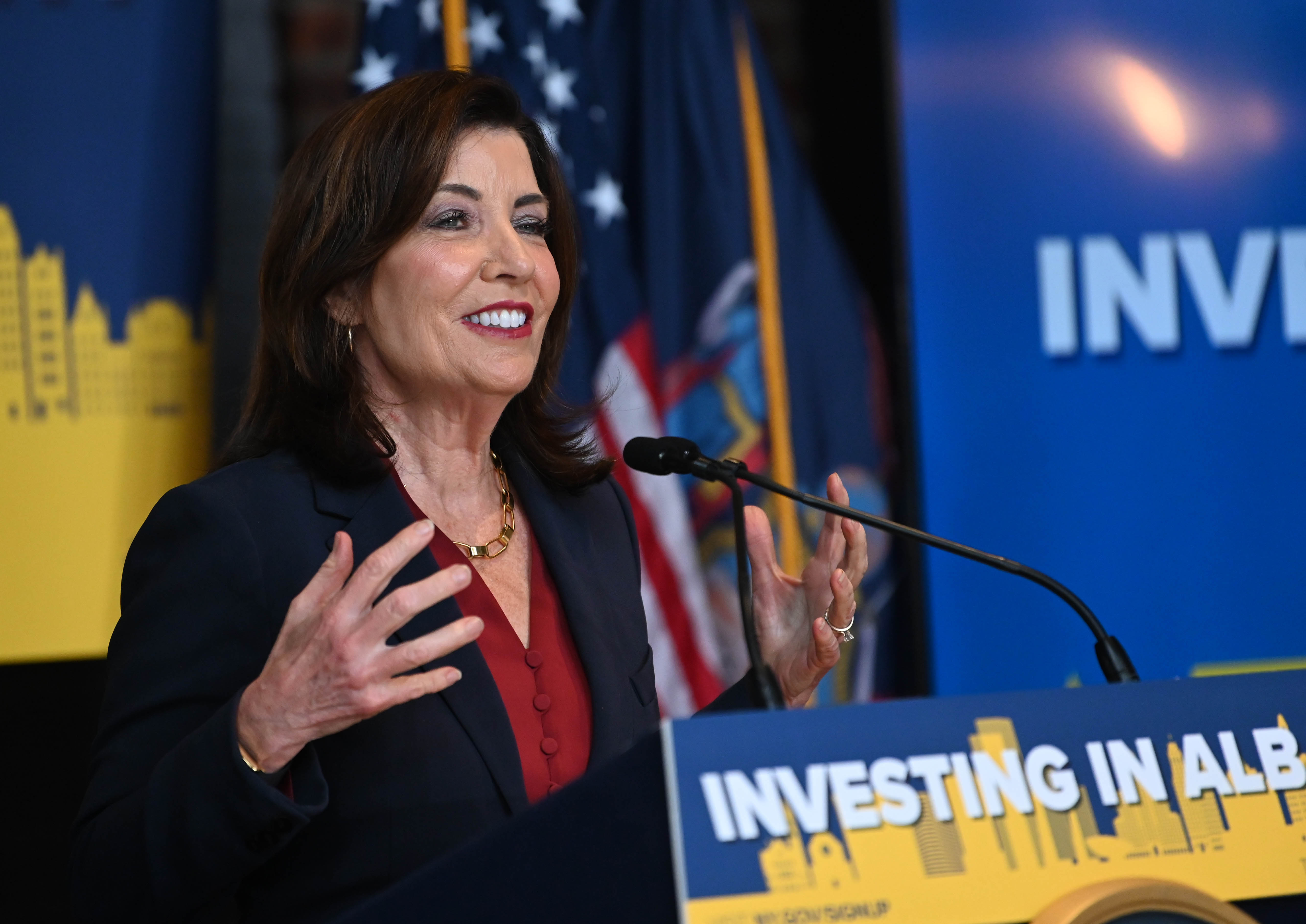 Kathy Hochul holds a press conference in downtown Albany, New York, on May 21, 2025 | Source: Getty Images