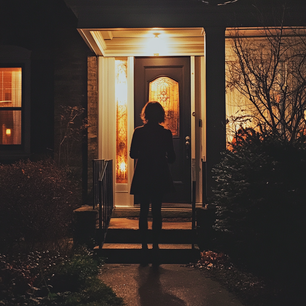 A woman standing outside her home | Source: Midjourney