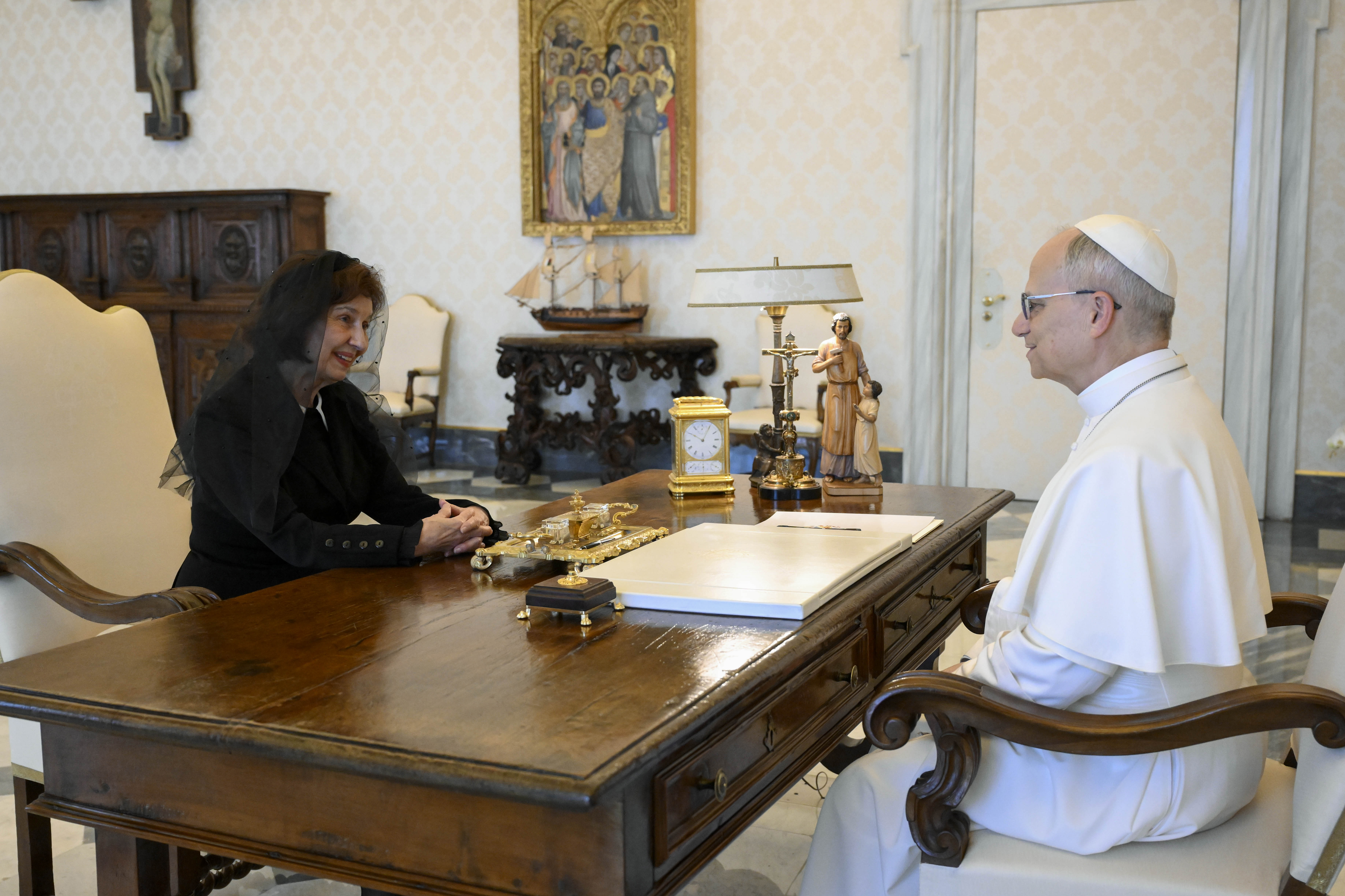 Pope Leo XIV meeting with the president of North Macedonia, Gordana Siljanovska Davkova, during an audience at the Apostolic Palace on May 26, 2025, in Vatican City. | Source: Getty Images