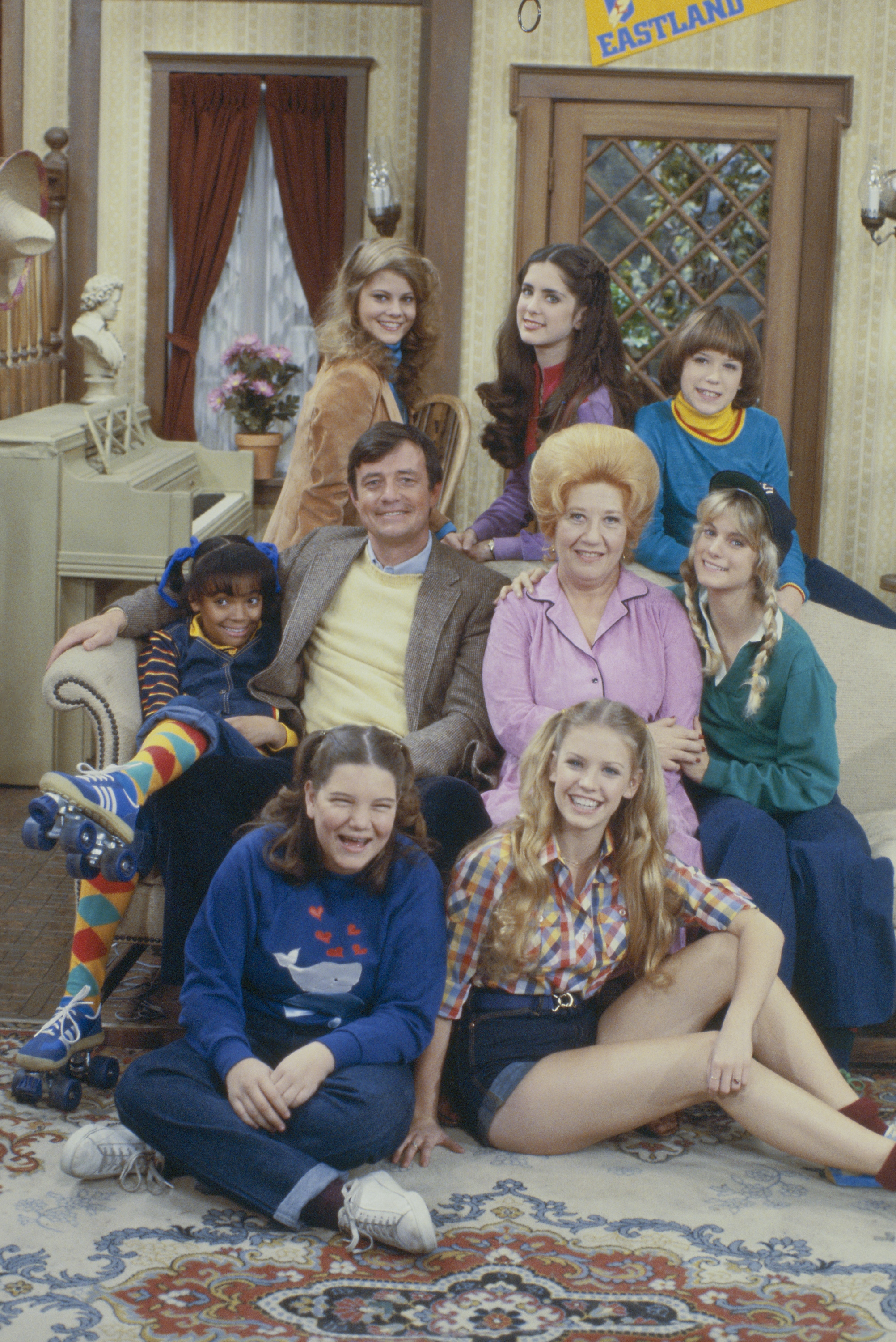 Lisa Whelchel, Felice Schlachter, Molly Ringwald, Kim Fields, John Lawlor, Charlotte Rae, Julie Anne Haddock, Mindy Cohn, and Julie Piekarski  on season 1 of "The Facts of Life" in an undated photo | Source: Getty Images