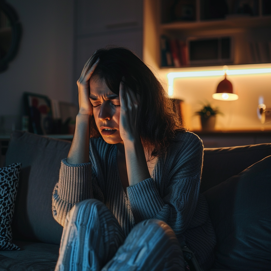 An upset woman holding her head | Source: Midjourney