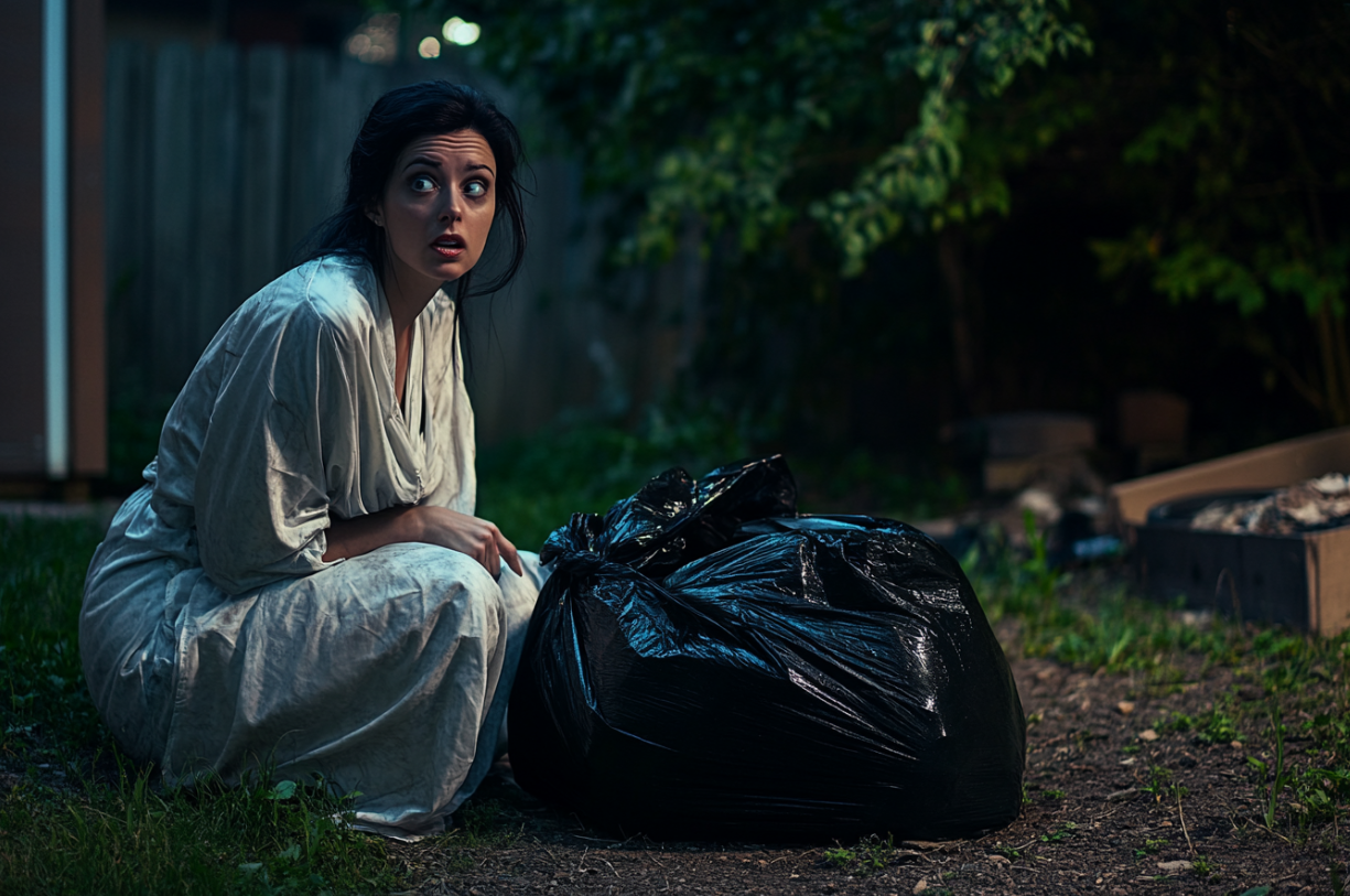 A shocked woman crouching beside a garbage bag | Source: Midjourney