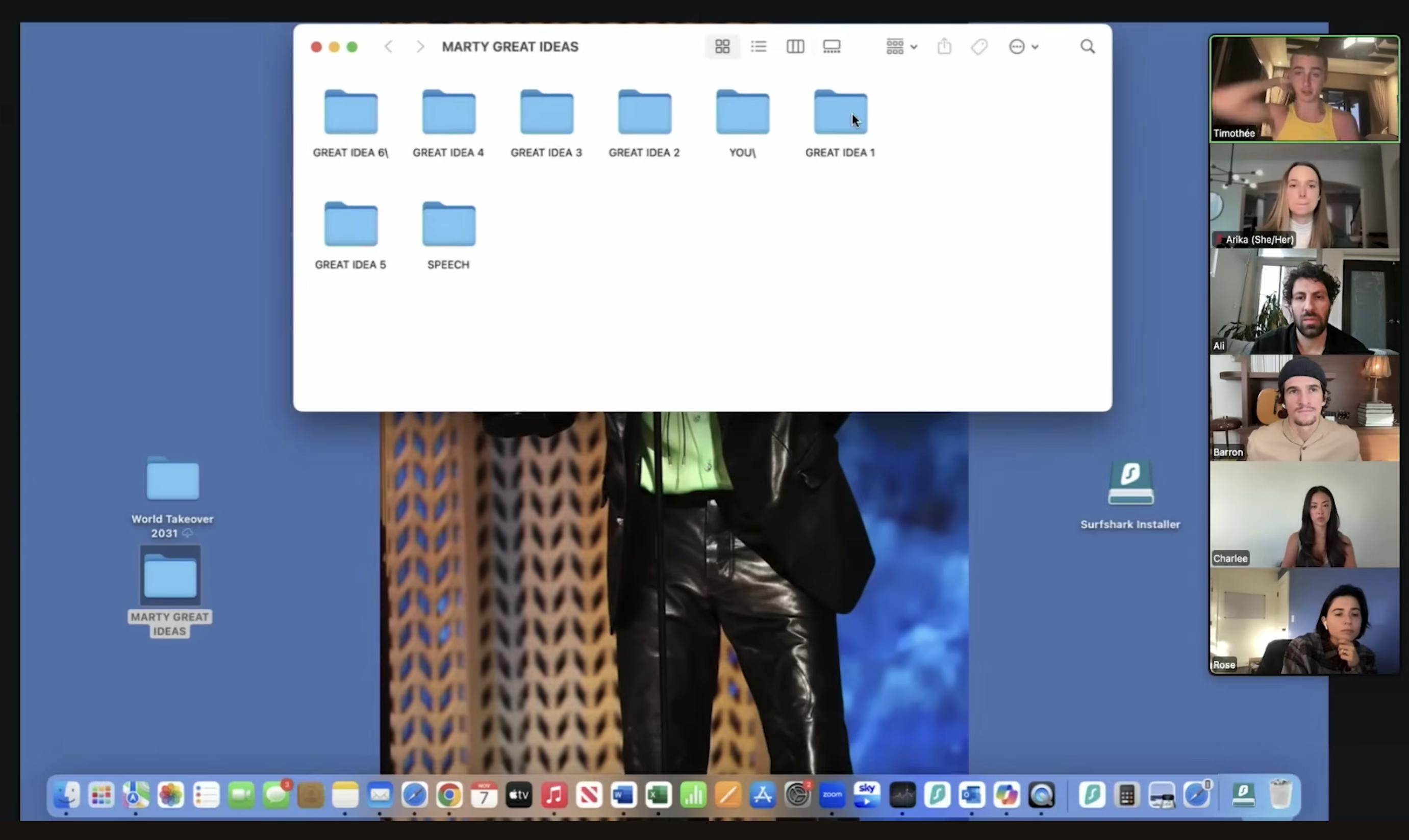 Timothée Chalamet presents folders labeled "GREAT IDEA" during a virtual meeting with A24’s creative  team, as posted on November 18, 2025 | Source: YouTube/A24