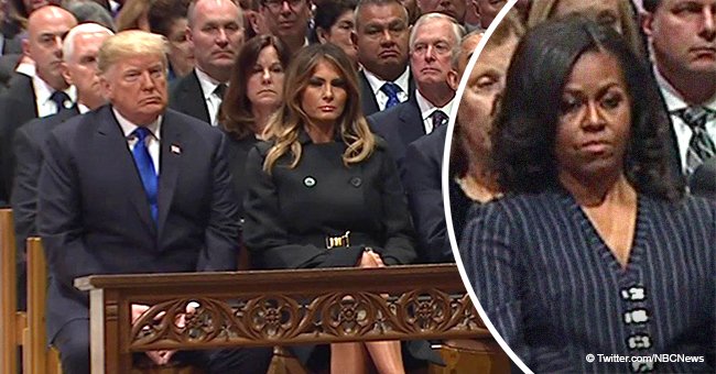 Michelle Obama's facial expression while seated next to the Trumps at Bush's funeral has gone viral