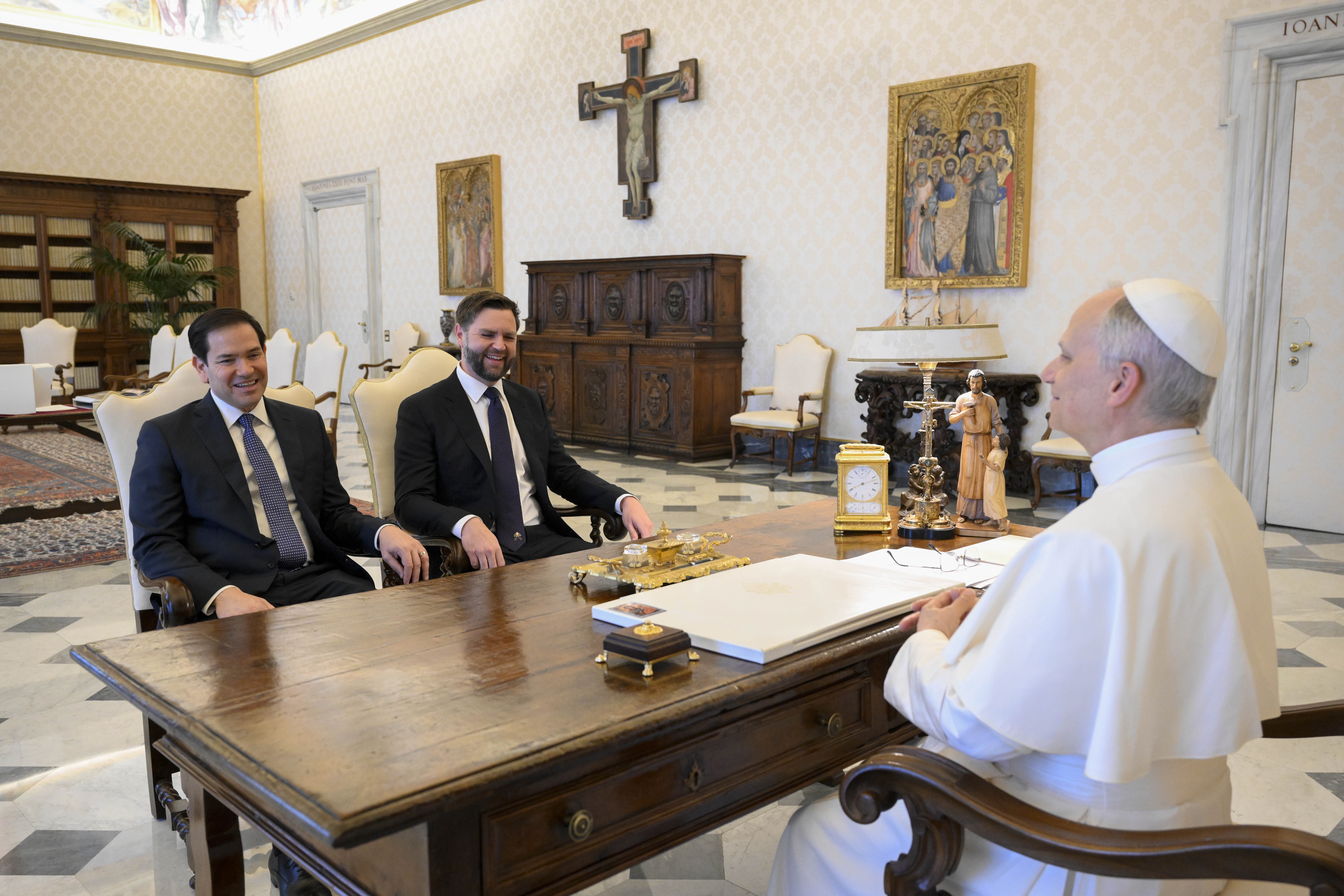 Pope Leo XIV meets with U.S. Vice President JD Vance and Secretary of State Marco Rubio during a private audience at the Apostolic Palace on May 19, 2025, the day after his Inauguration Mass. | Source: Getty Images