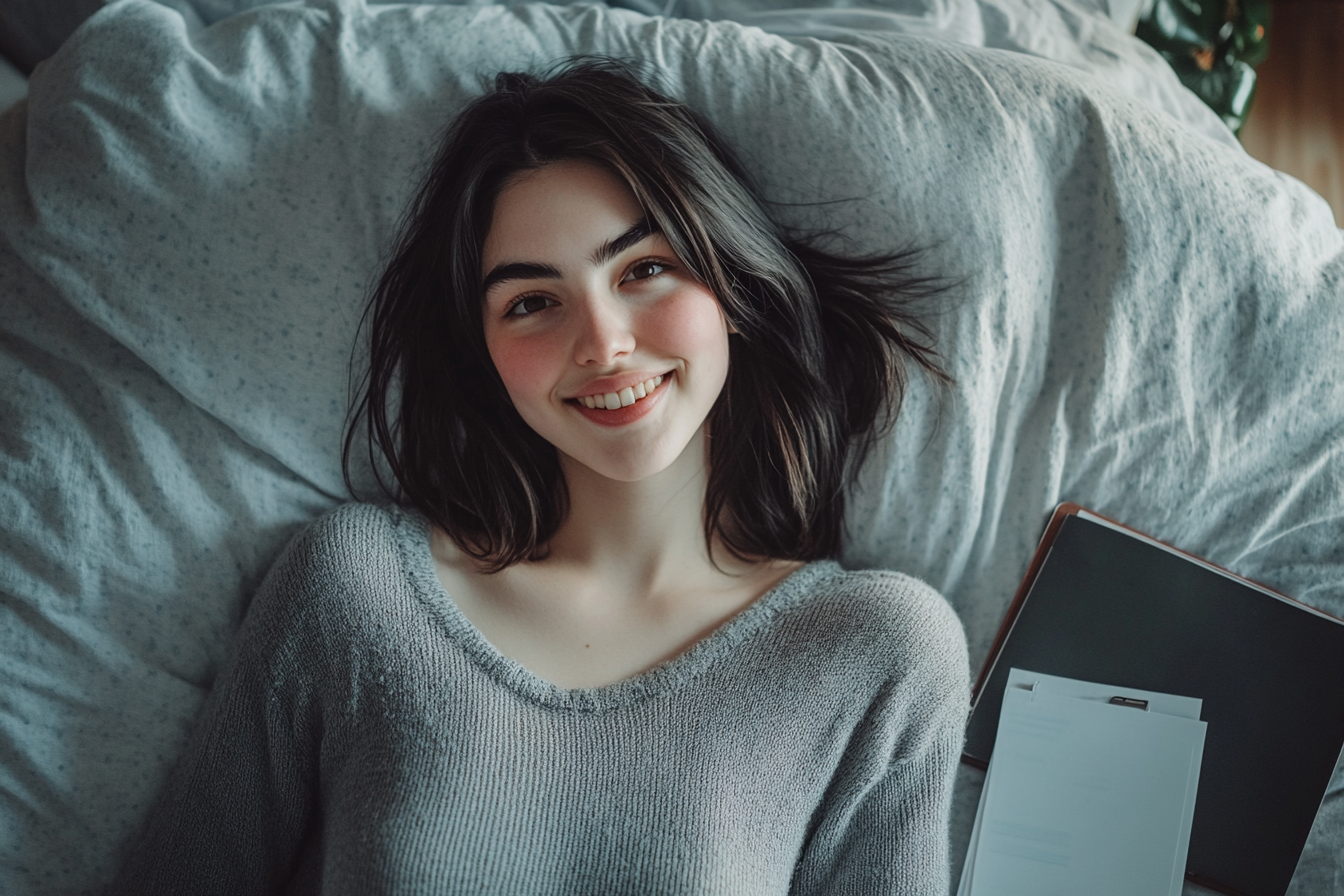 A woman lying on her bed | Source: Midjourney