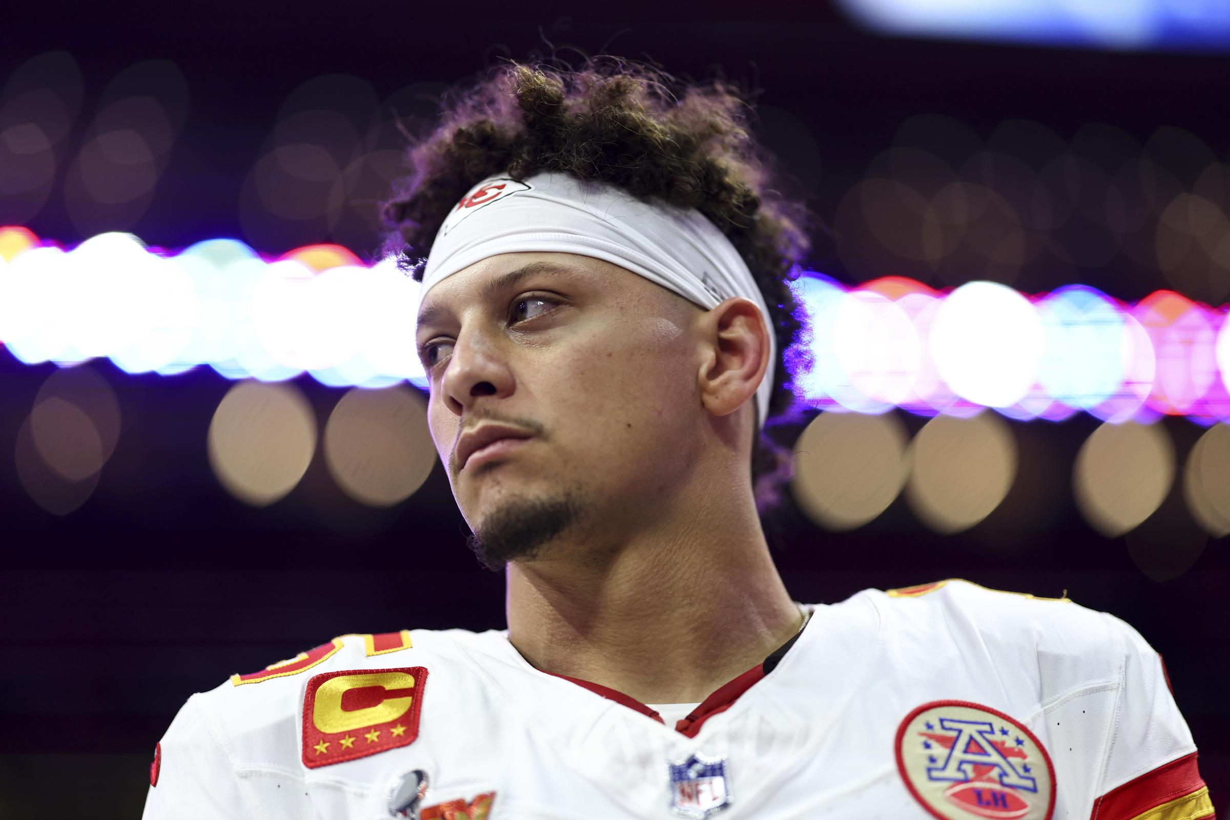 Patrick Mahomes looks on during the 2025 Super Bowl. | Source: Getty Images