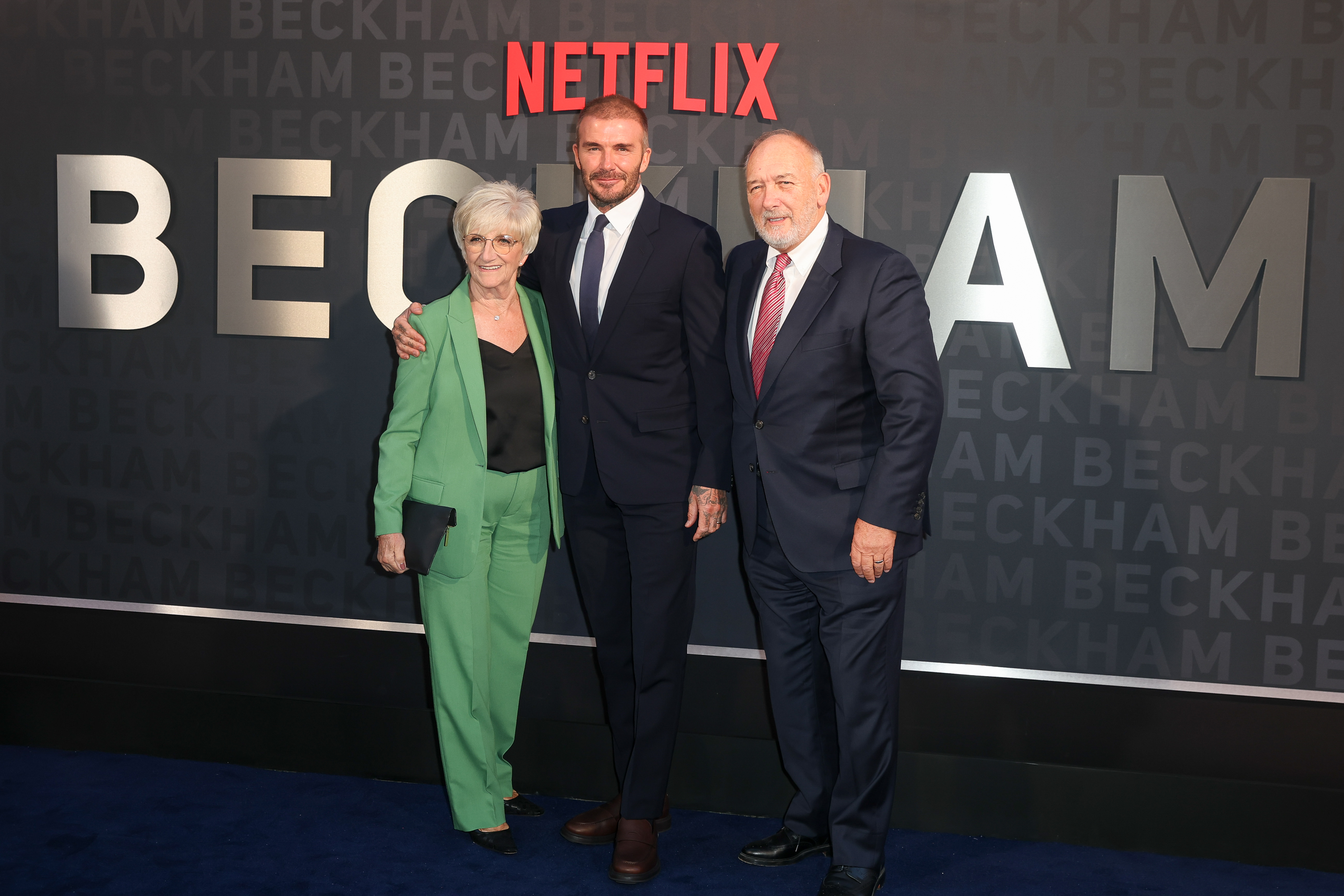 Sandra, David, and Ted Beckham at the UK Premiere of "Beckham" on October 3, 2023, in London, England | Source: Getty Images