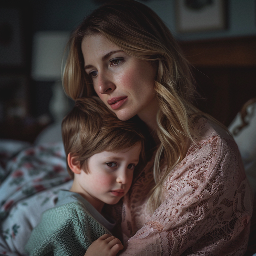 A thoughtful woman kissing her little son | Source: Midjourney