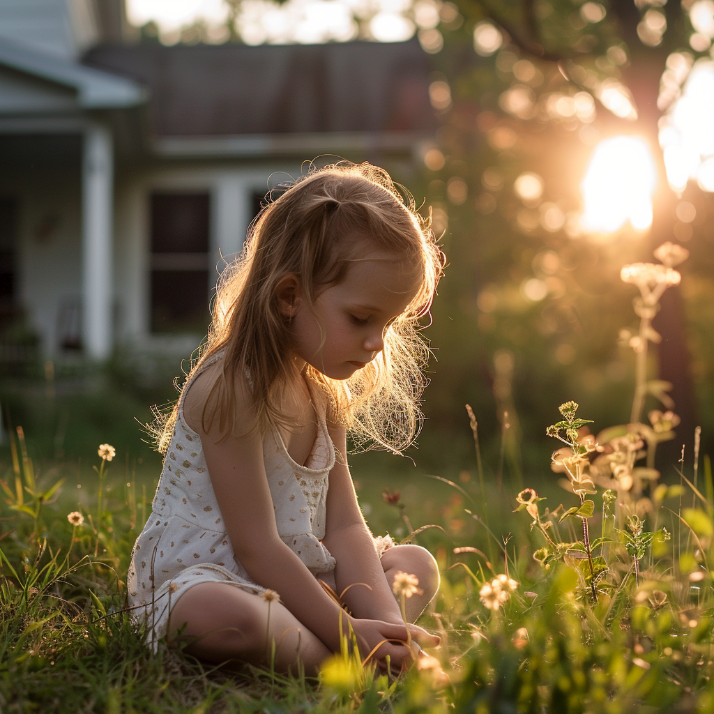 A little girl playing alone in a yard | Source: Midjourney