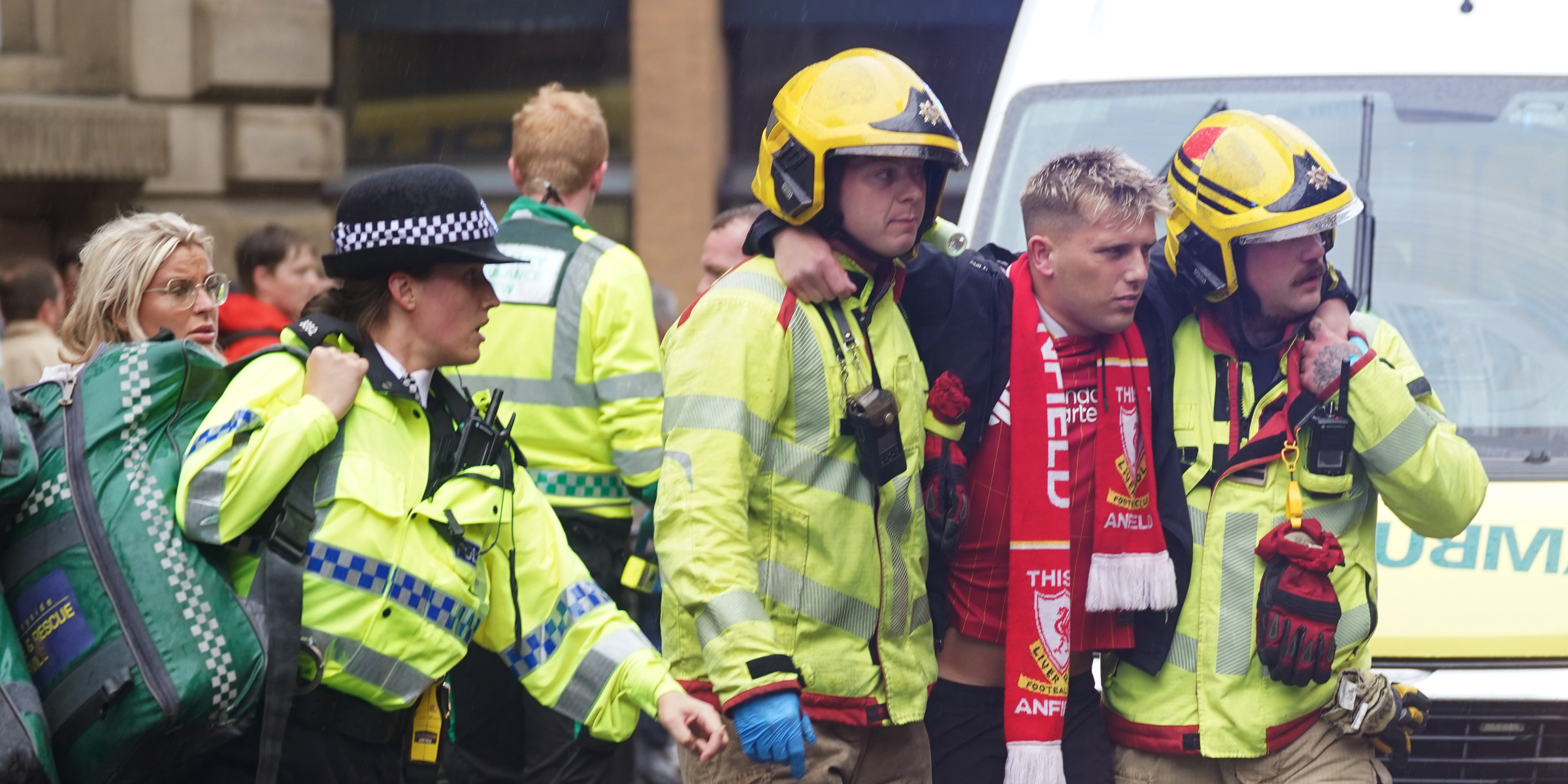 Police and emergency personnel assist the crowd in Liverpool, England on May 26, 2025 | Source: Getty Images