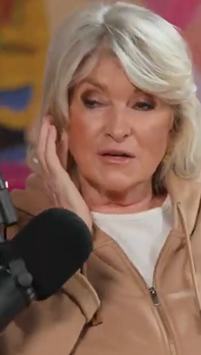 Martha Stewart gestures to her ear while making a point during the "50+ & Unfiltered" podcast episode | Source: Instagram/shawnkillingerqvc