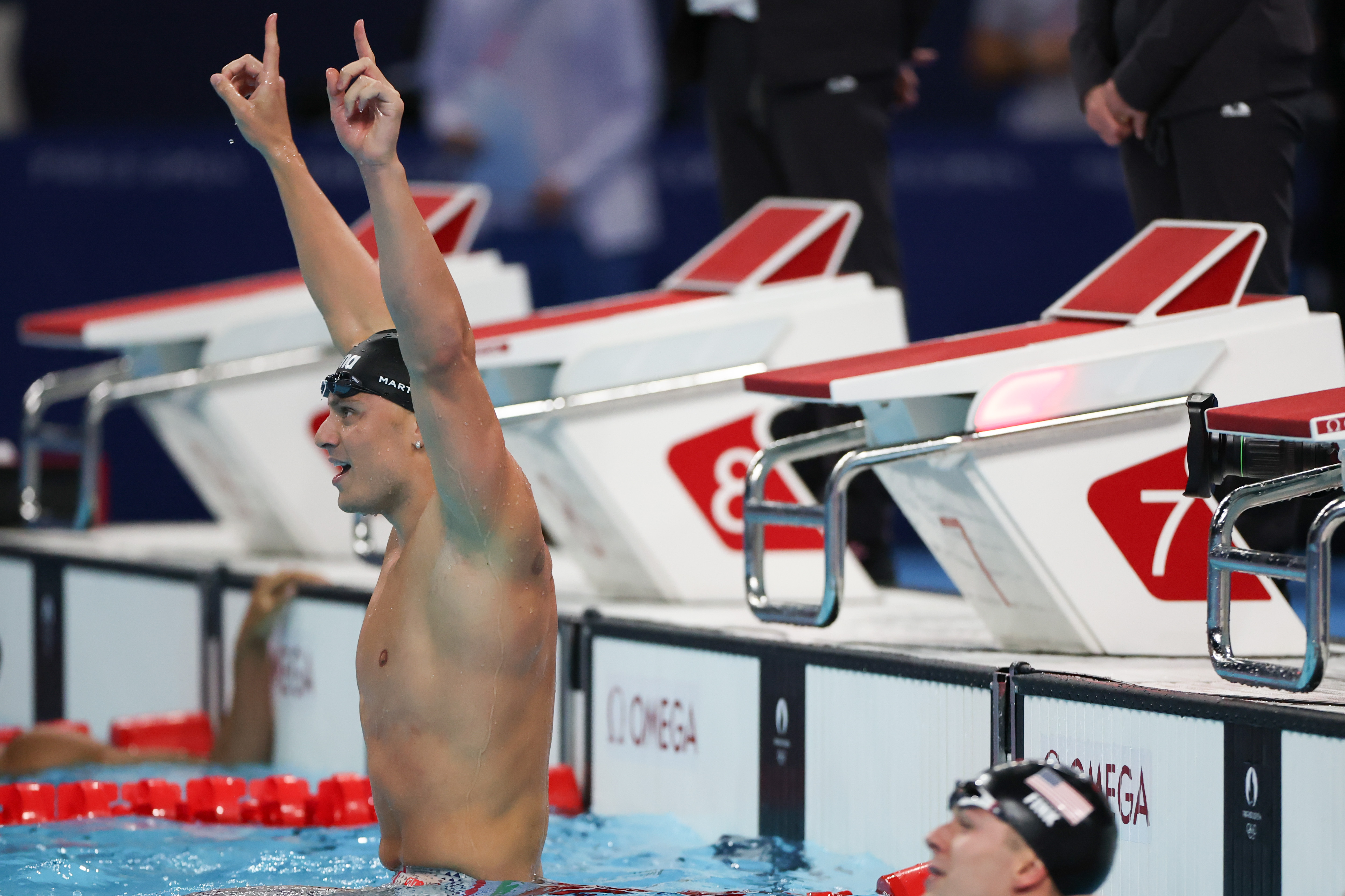 Nicolò Martinenghi celebrating after winning the gold medal in the Men's 100-meter Breaststroke Final during the Paris 2024 Olympic Games on July 28 in France. | Source: Getty Images