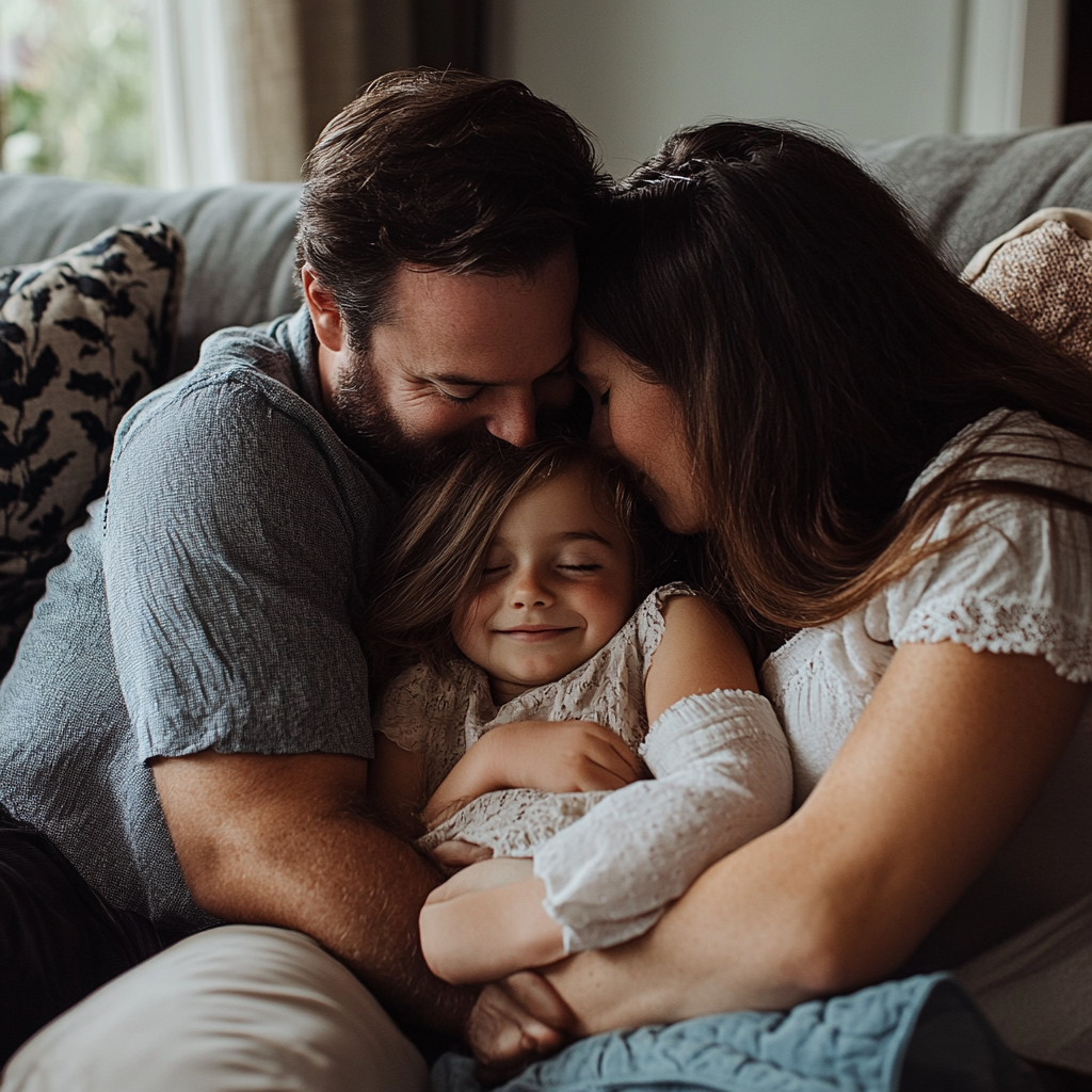 A father, his daughter, and an aunt hugging | Source: Midjourney