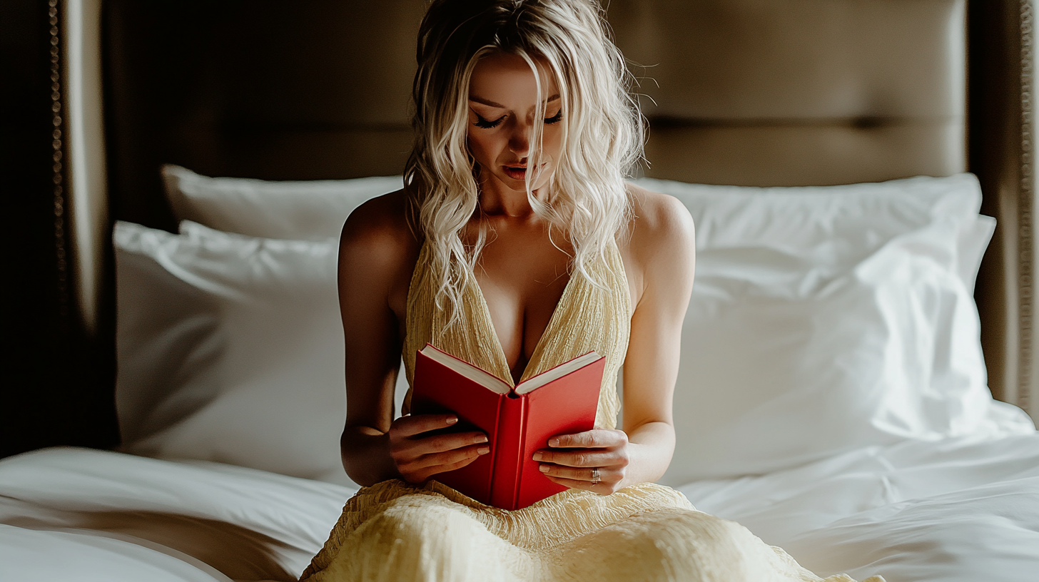 Frustrated woman reading red book on the bed | Source: Midjourney