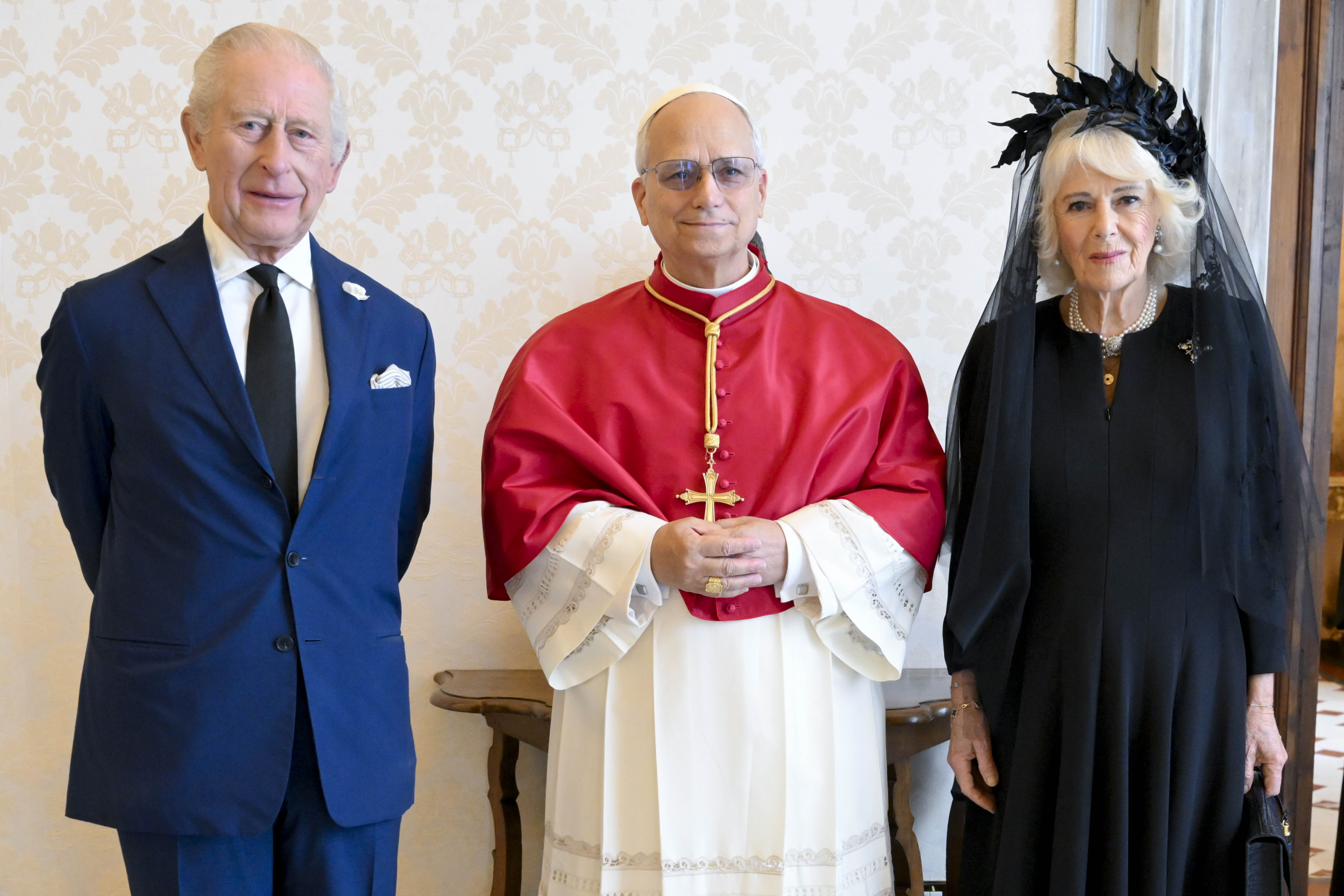 Pope Leo XVI meets with King Charles III and Queen Camilla during an audience at the Apostolic Palace on October 23, 2025 | Source: Getty Images