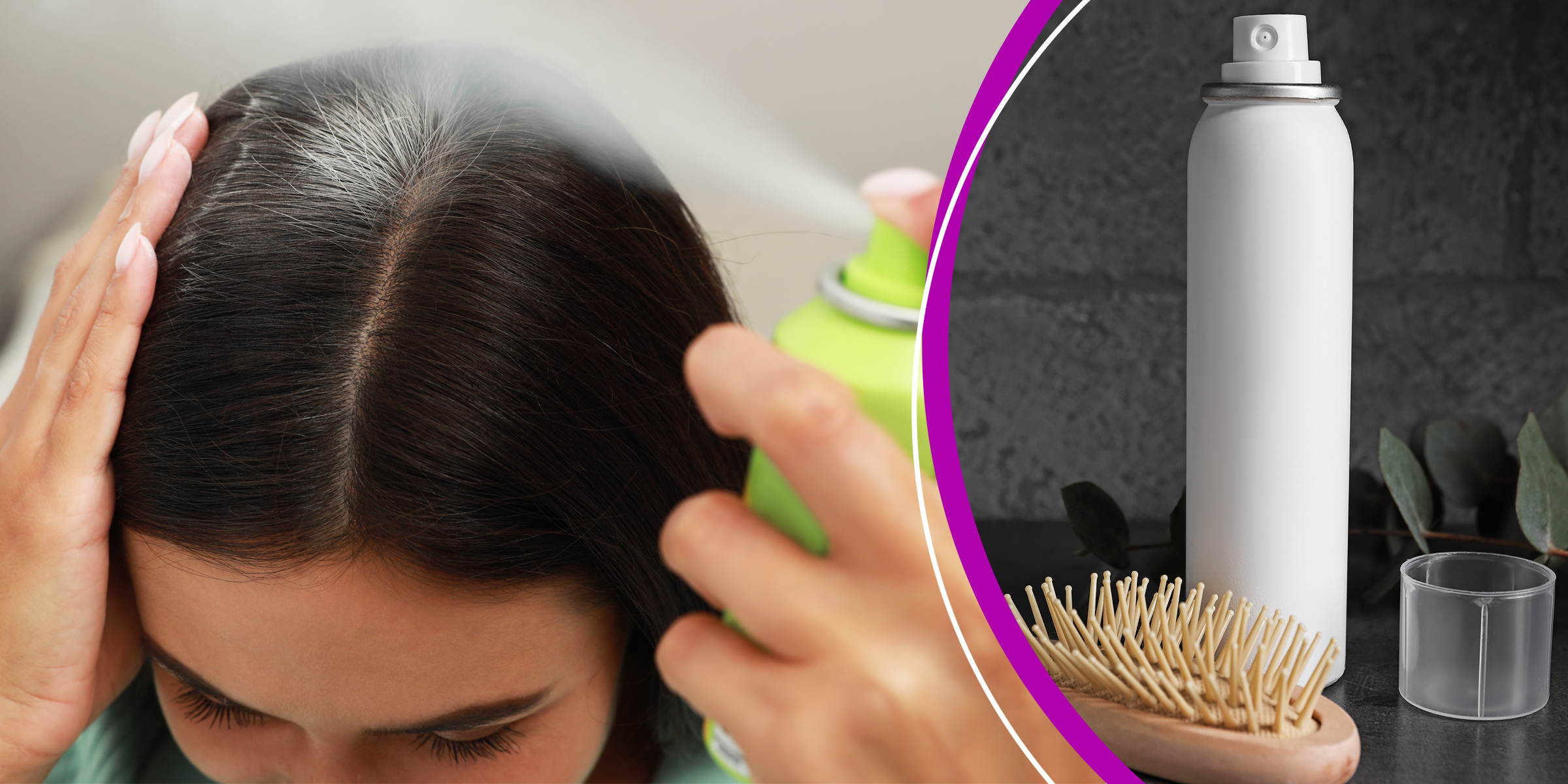 Photo of a woman showing her scalp | Can of dry shampoo and brush | Source: Shutterstock