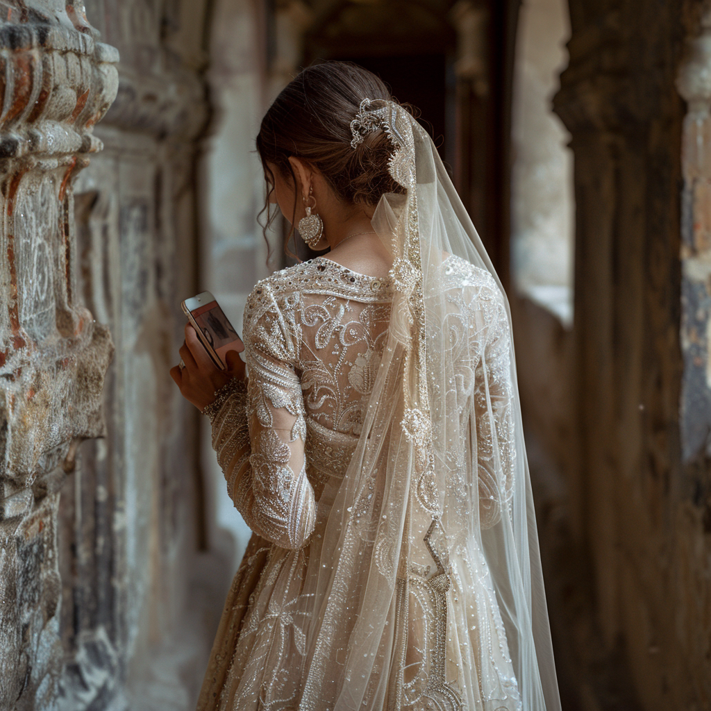 A bride texting on her phone  | Source: Midjourney