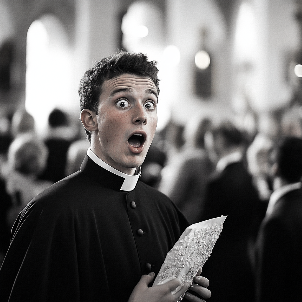 A shocked priest looking at the bride | Source: Midjourney