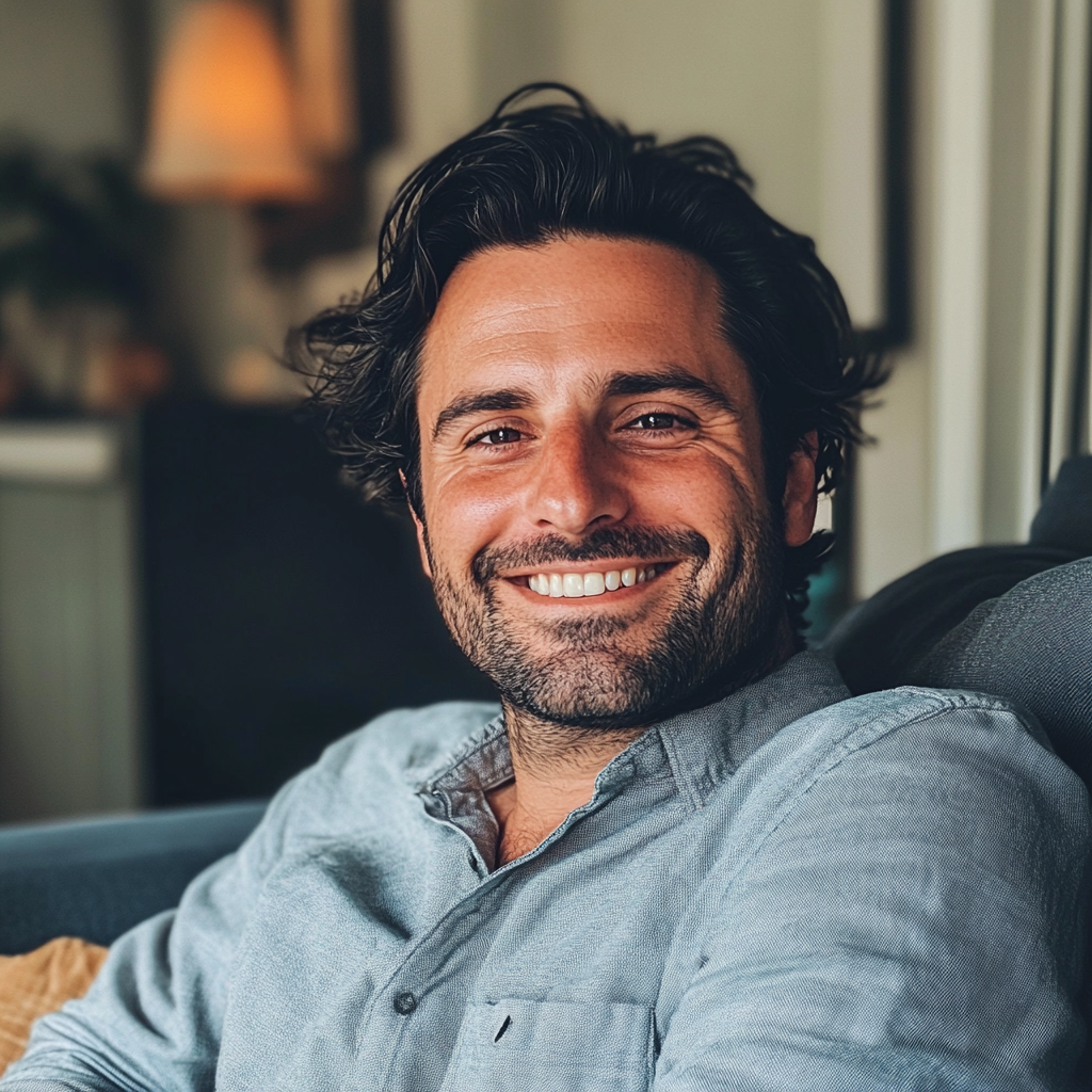 A smiling man sitting on a couch | Source: Midjourney