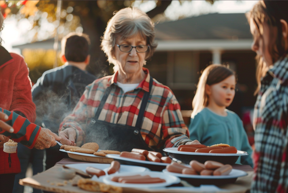 Older woman preparing hot dogs | Source: MidJourney