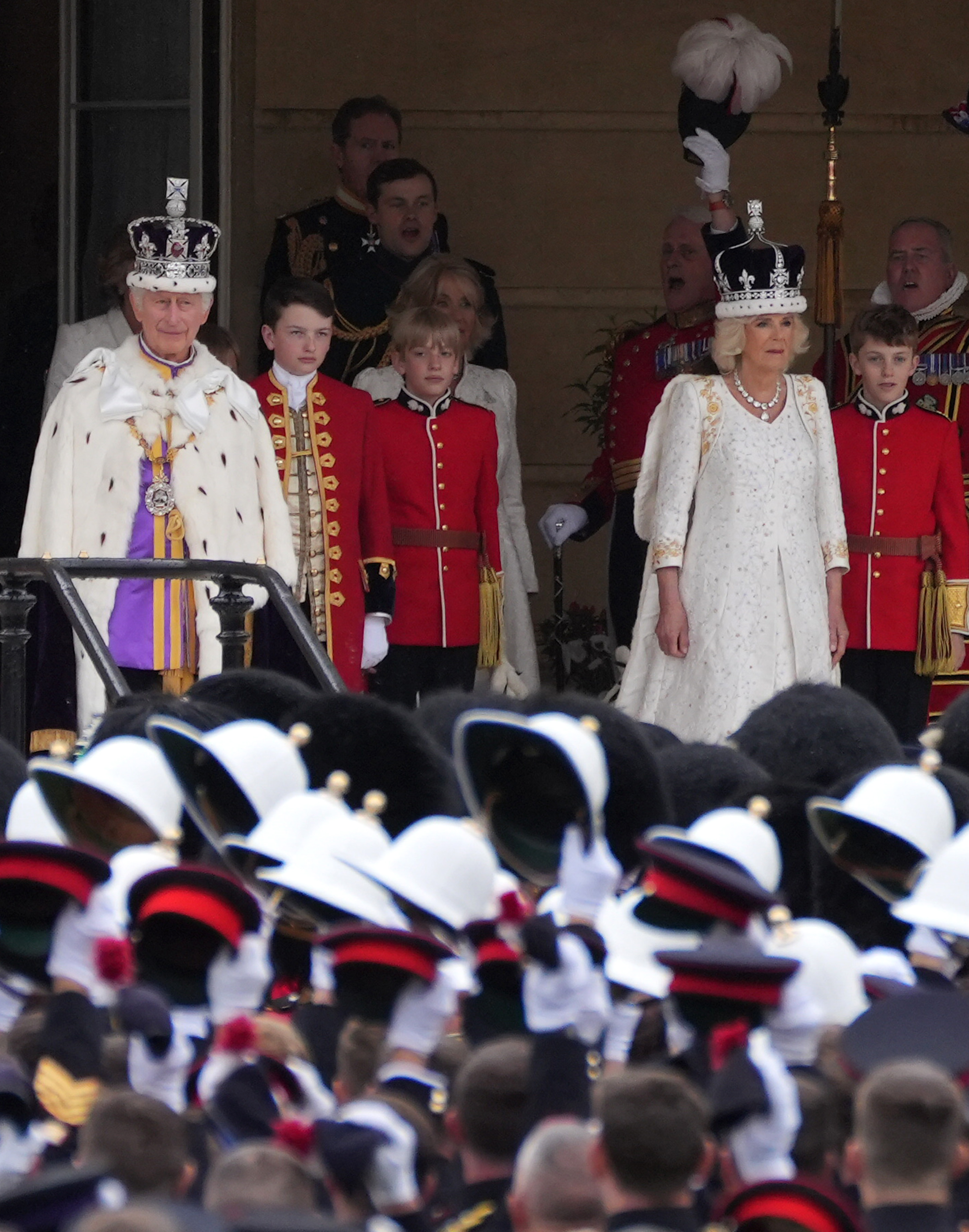 King Charles III, guest, Louis Lopes, Queen Camilla, and Freddy Parker Bowles depart the Coronation service in London, England, on May 6, 2023. | Source: Getty Images