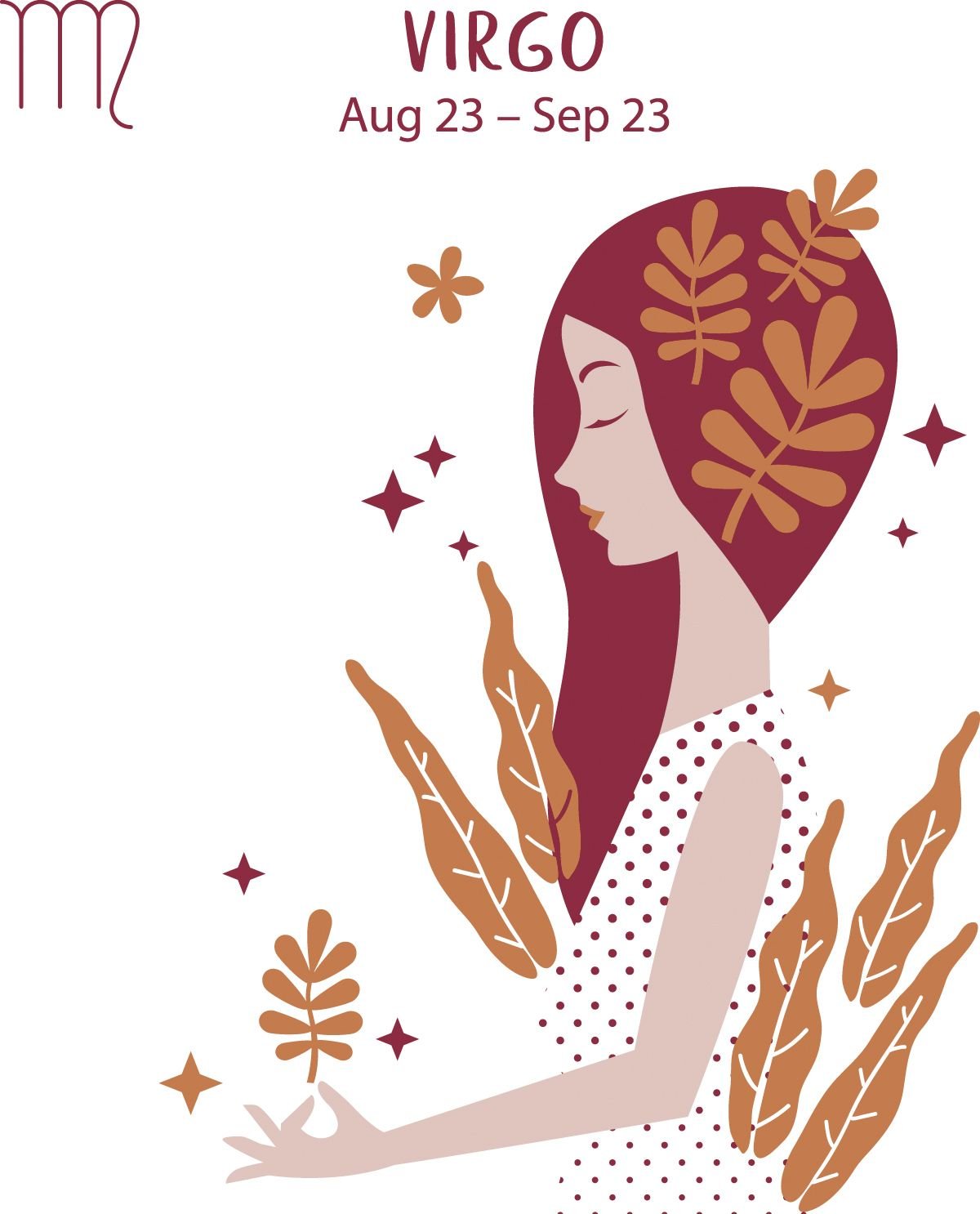 Virgo (Aug 23 - Sep 23) represented by a woman surrounded by greenery. 