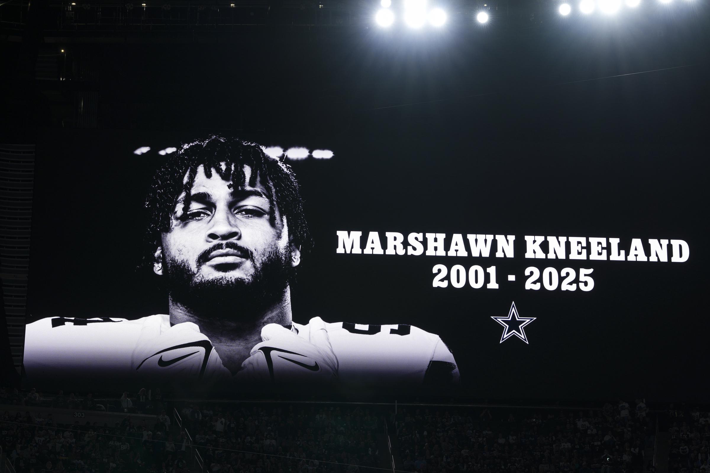 A billboard honoring late Dallas Cowboys defensive end Marshawn Kneeland during the NFL football game between the Dallas Cowboys and the Las Vegas Raiders in Las Vegas, Nevada on November 17, 2025. | Source: Getty Images