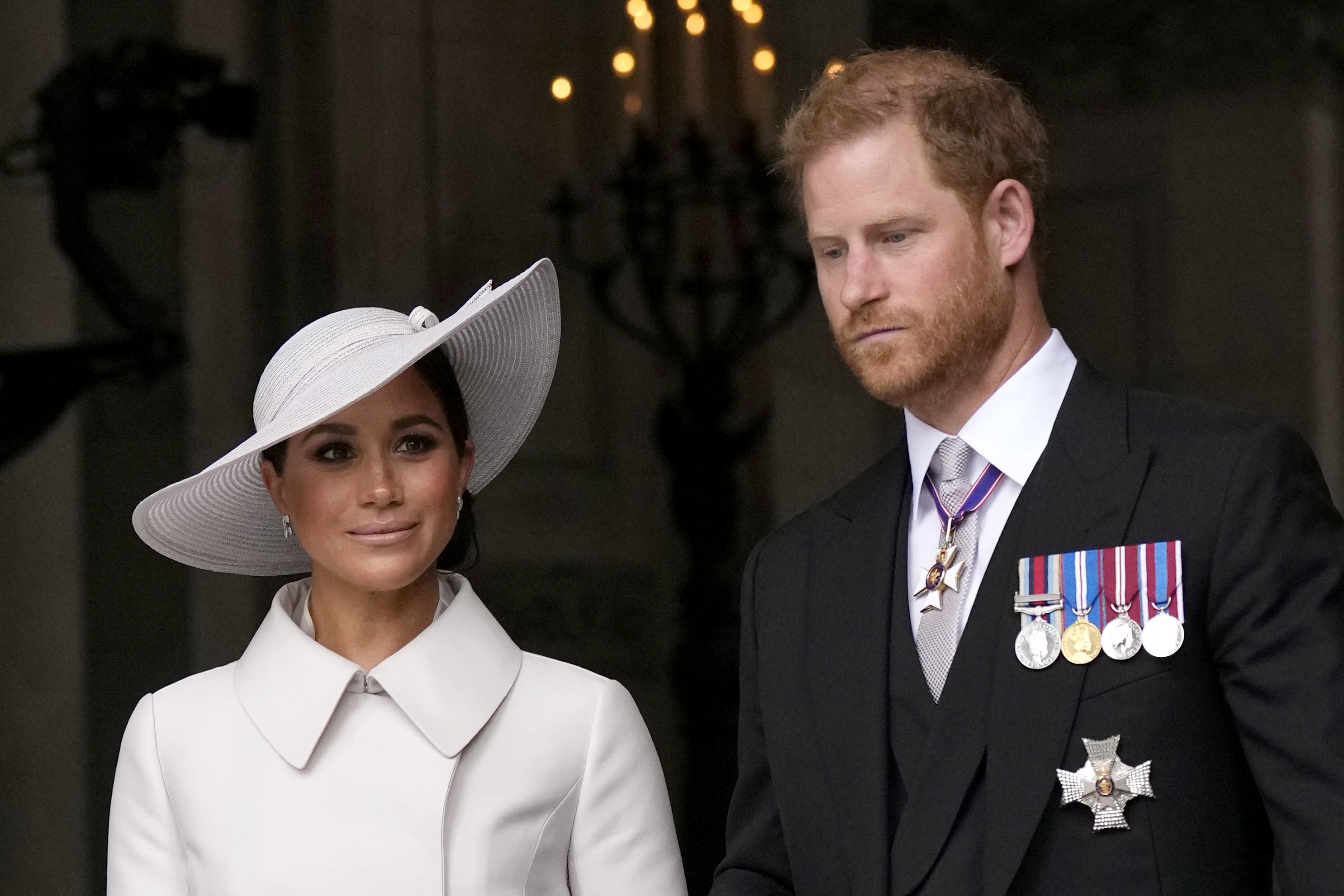 Prince Harry and Meghan Markle leaving a church service at St Paul's Cathedral in London, England on June 3, 2022. | Source: Getty Images 