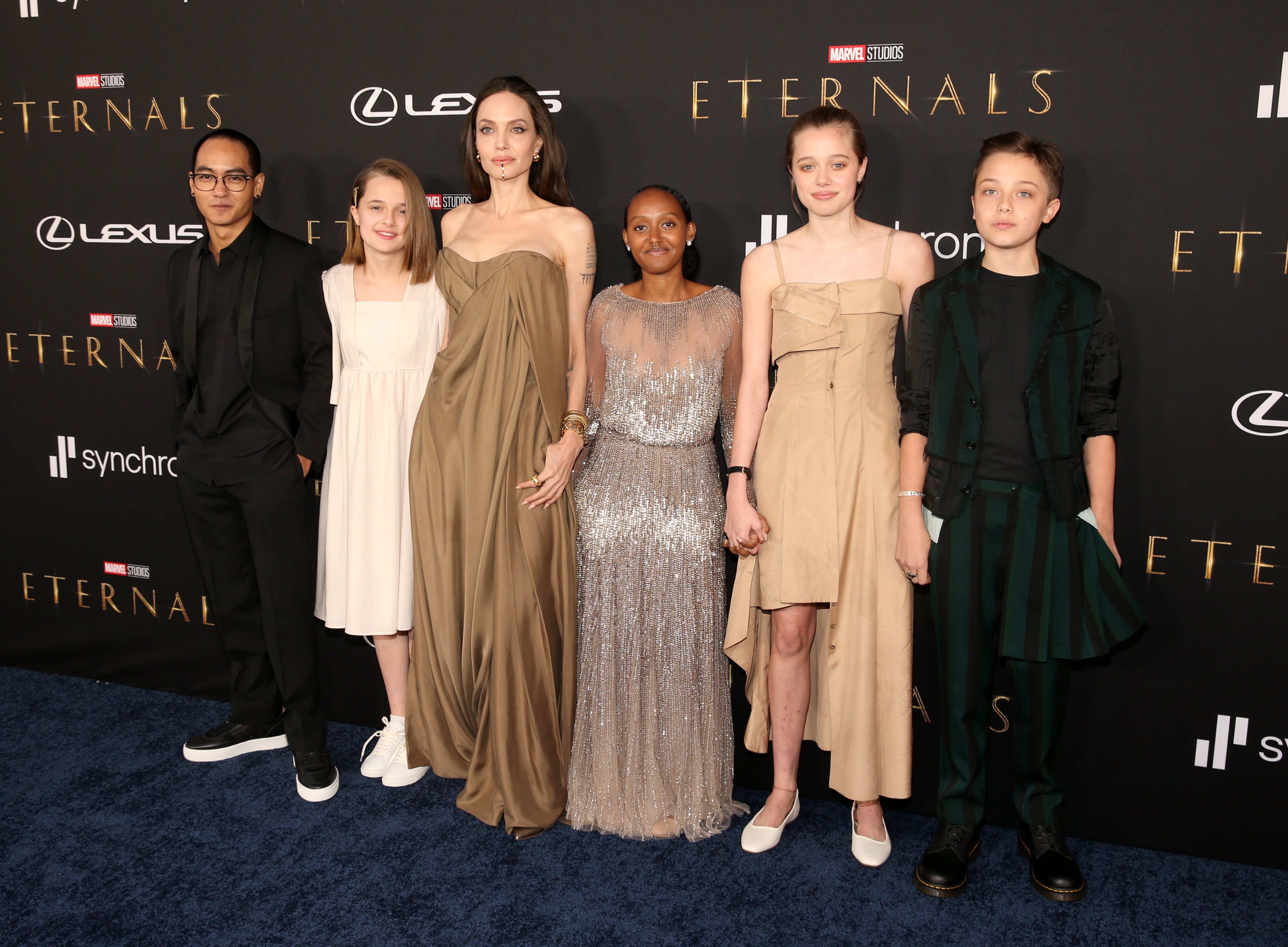 Maddox Jolie-Pitt, Vivienne Jolie-Pitt, Angelina Jolie, Zahara Jolie Pitt, Shiloh Jolie-Pitt, and Knox Jolie Pitt arrive at the Premiere of Marvel Studios' "Eternals" on October 18, 2021 in Hollywood, California. | Source: Getty Images